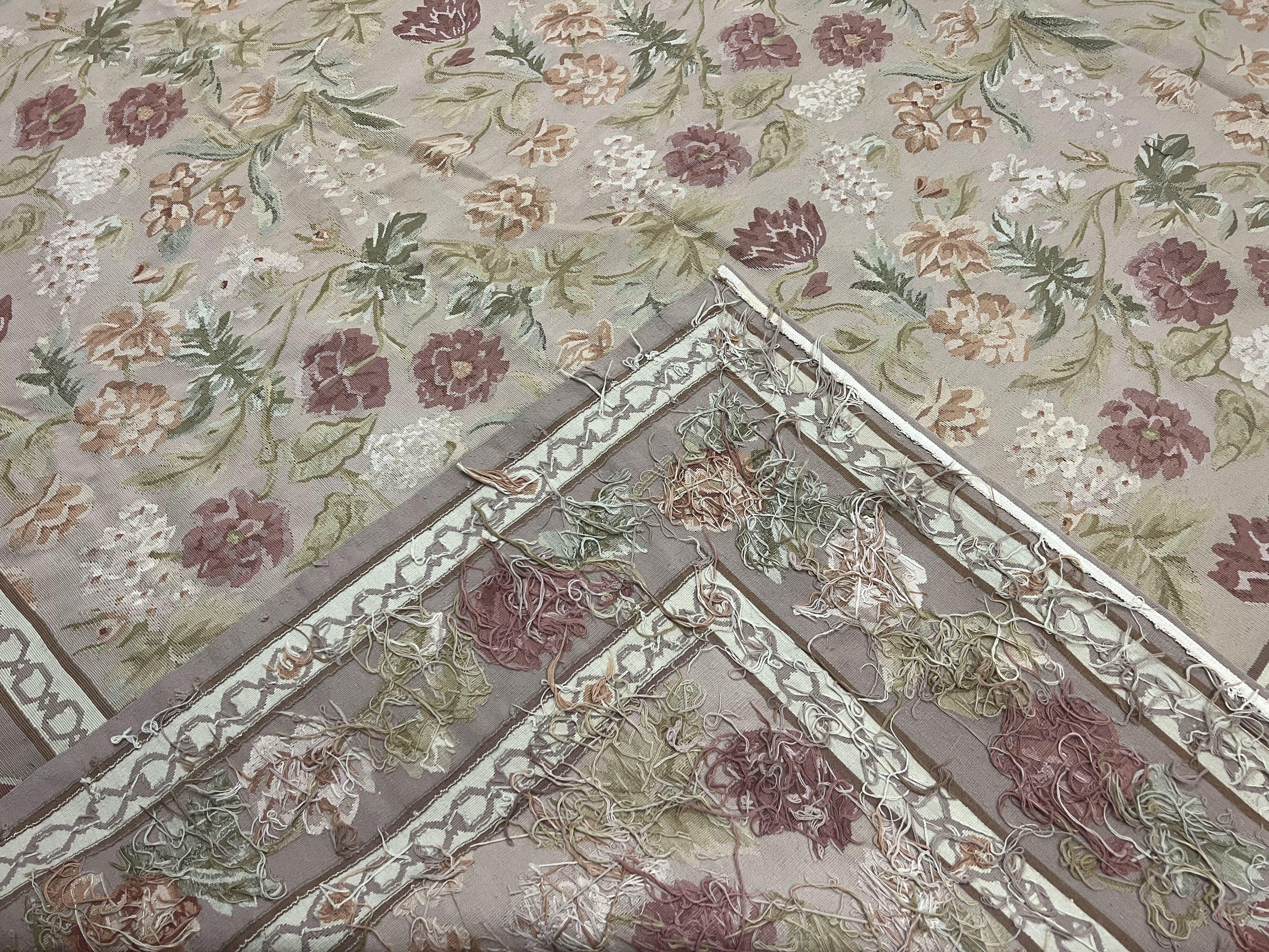 Aubusson Rug 9x12, Pink Beige Light Mauve, Handmade Allover Floral Roses, Wool Flatweave Carpet 9 x 12 ft, European French Design, Elegant