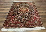 Antique Persian Sarouk Rug 4x5, Dark Blue and Red, Floral Medallion, Fine