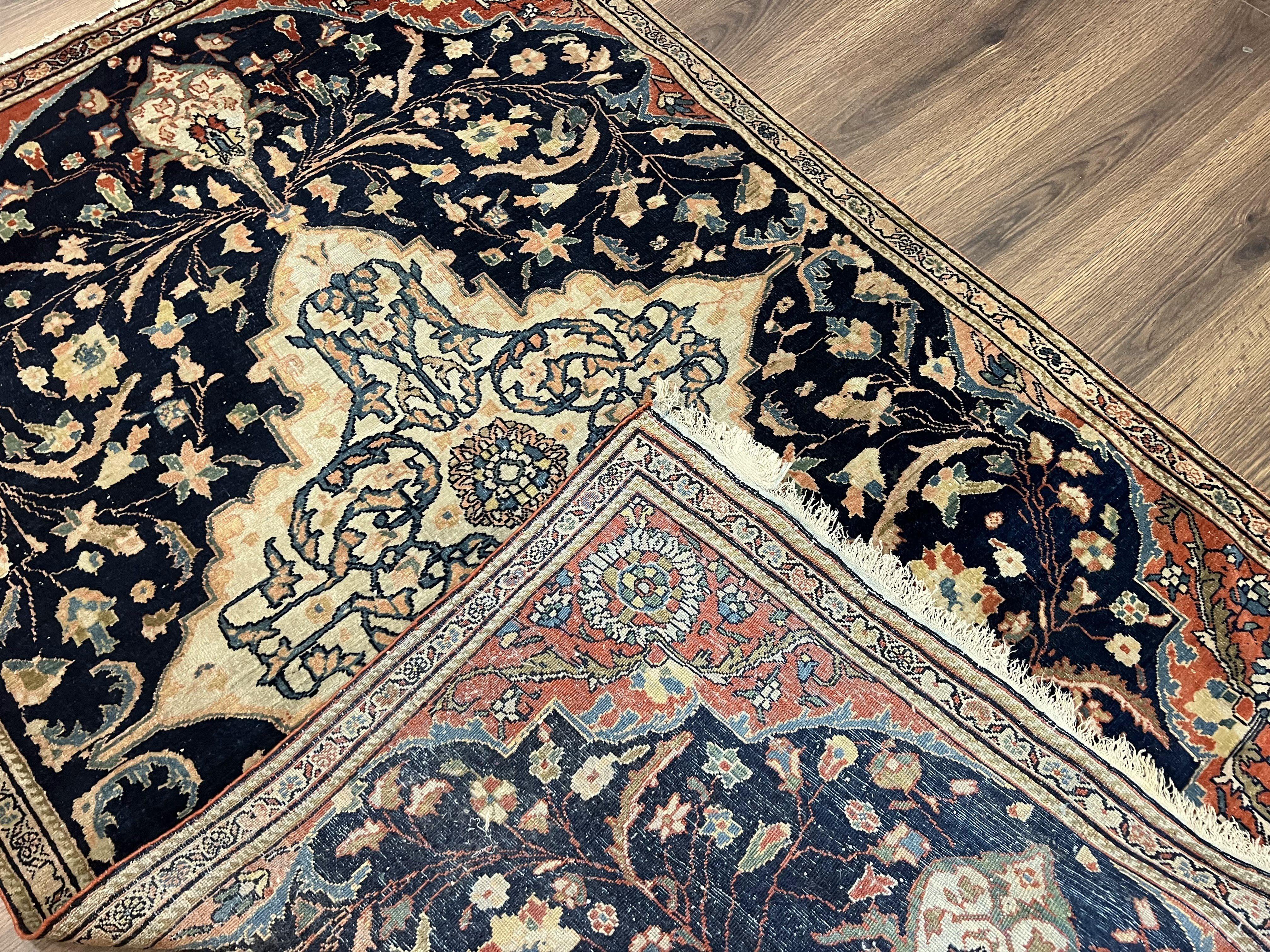 Antique Persian Rug 3.5 x 5, Sarouk Farahan Rug, High Quality 1920s Fine Oriental Carpet 3 x 5 ft, Large Medallion, Floral, Navy Blue Red, Hand Knotted Wool Rug