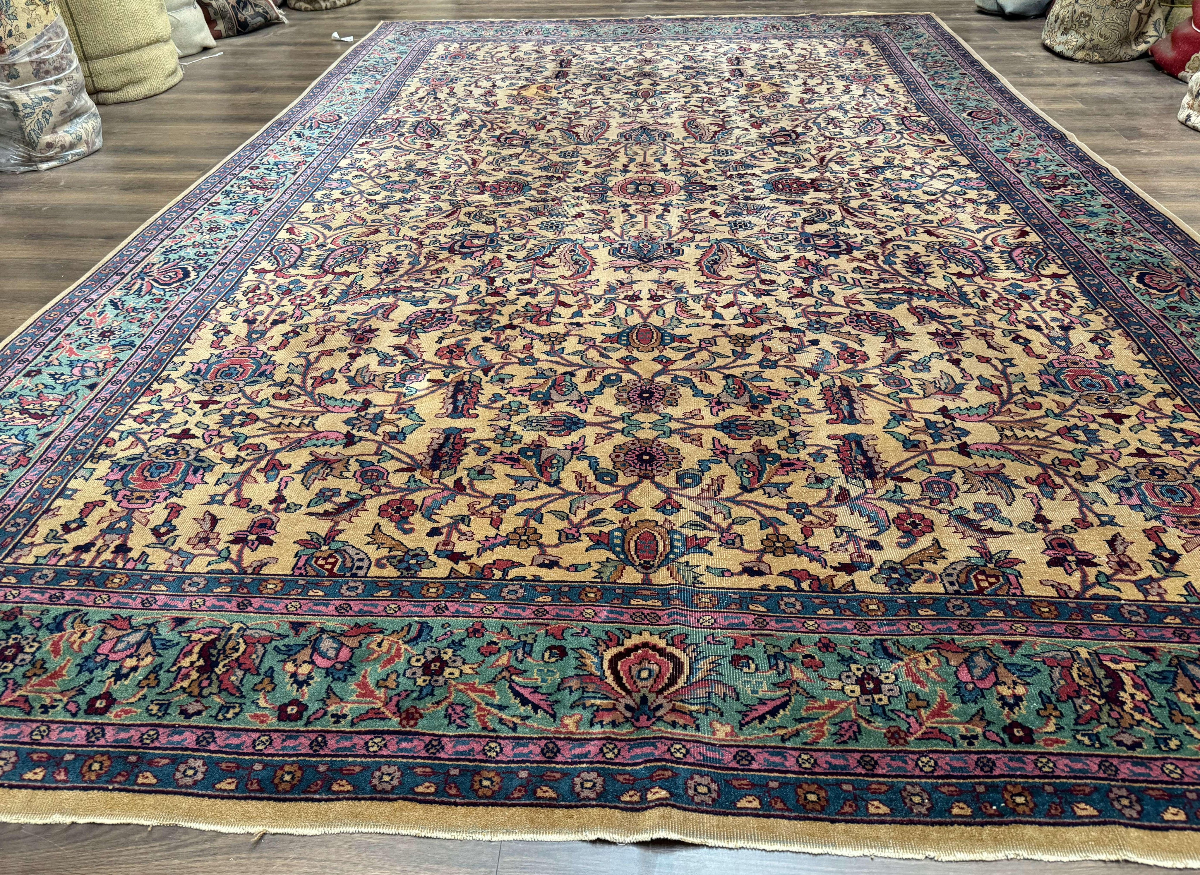 Antique Persian Rug 10x15, Camel and Cyan, Allover Pattern, Rare, Samarkand Rug