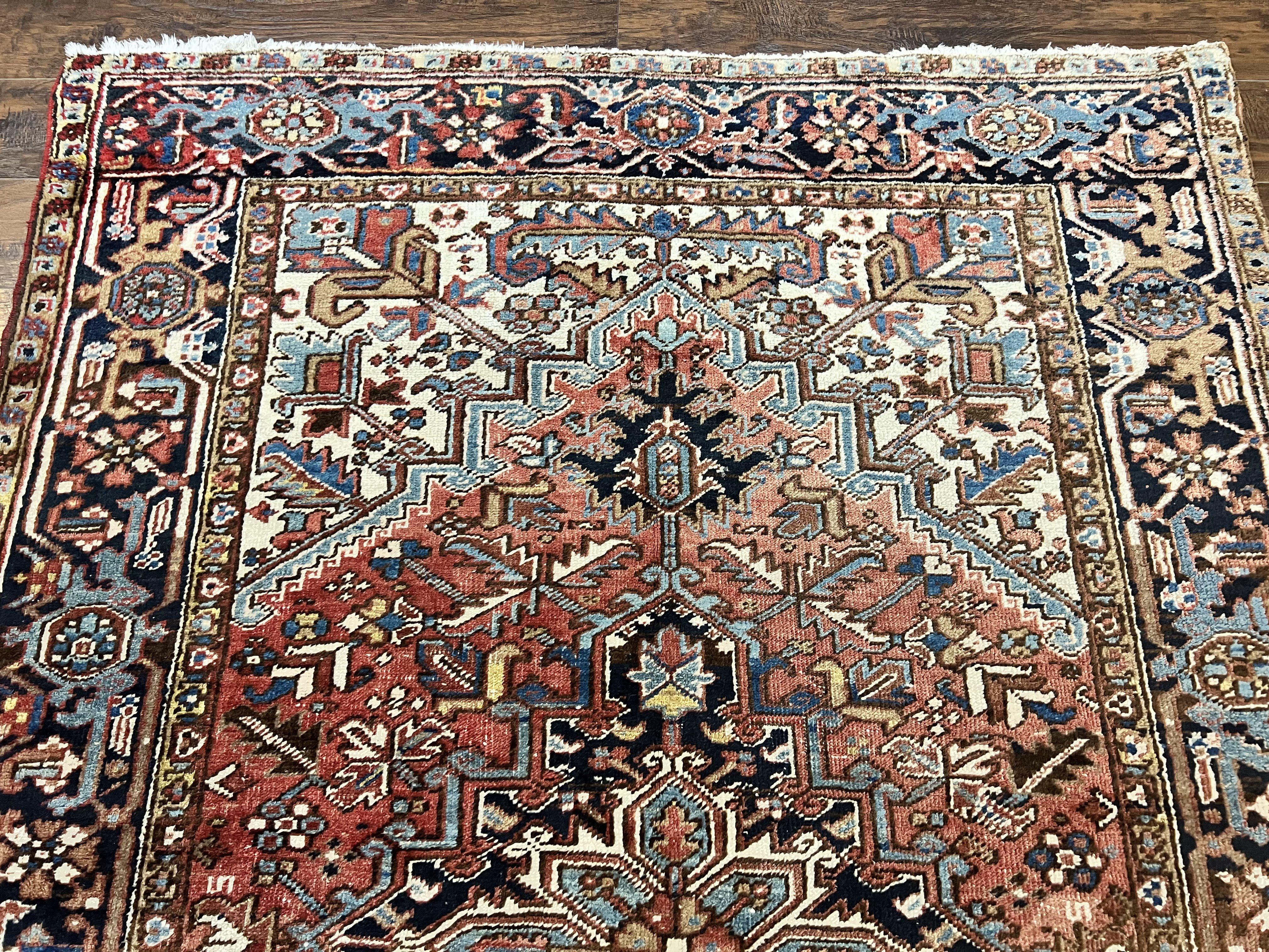 Antique Persian Heriz Rug 6x8, Geometric Medallion, 1920s Oriental Carpet, Handmade Wool Rug