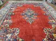 Semi Antique Persian Sarouk Rug 9x12,  Semi Open Field with Central Medallion, Hand Knotted Wool, Tomato Red, 9 x 12 Authentic Oriental Carpet