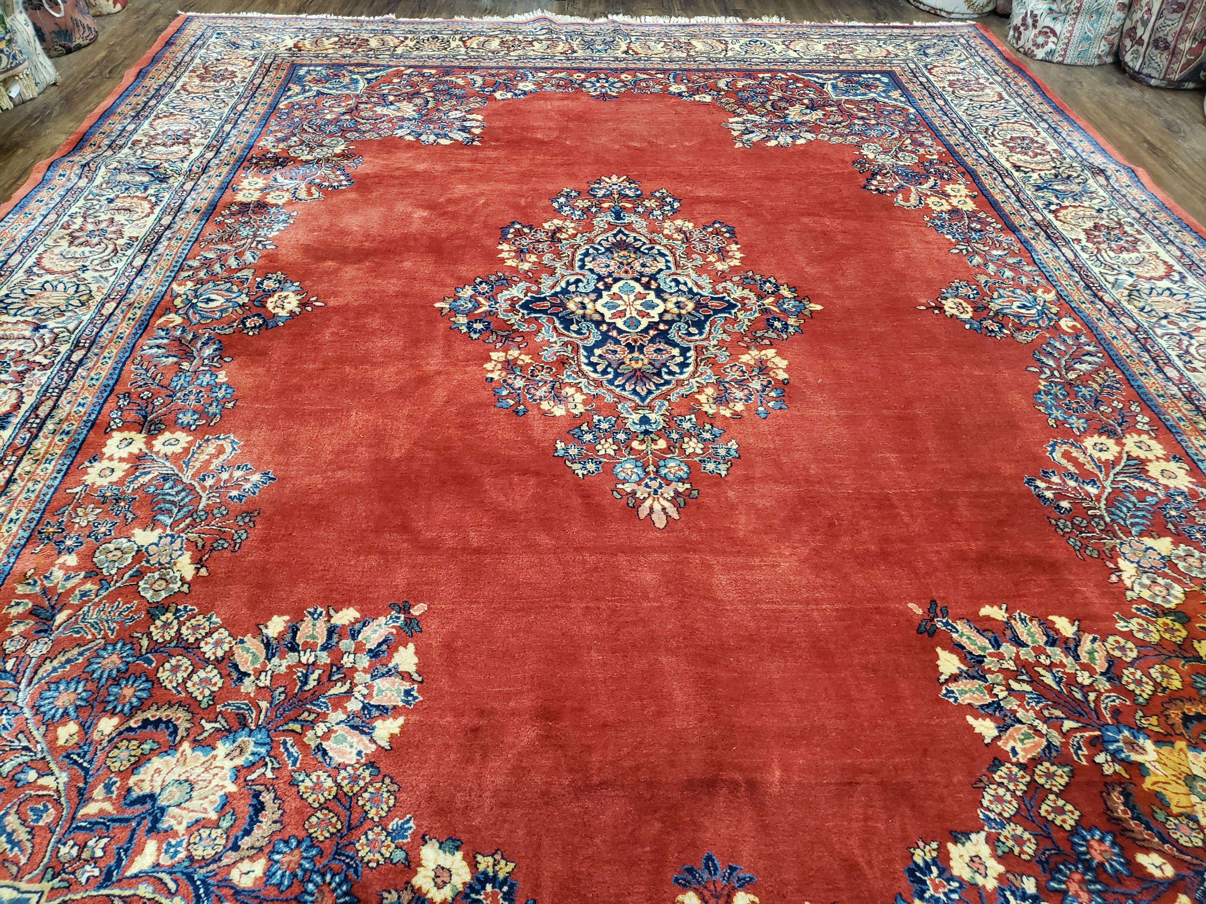 Semi Antique Persian Sarouk Rug 9x12,  Semi Open Field with Central Medallion, Hand Knotted Wool, Tomato Red, 9 x 12 Authentic Oriental Carpet