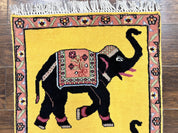 Unique Indian Pictorial Rug 2x3, Small Wool Hand Knotted Oriental Carpet, Yellow, Two Elephants, Handmade