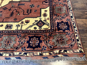 Afghan Heriz Rug 9x12, Tribal Geometric Serapi Carpet, Rust Cream and Navy, Wool on Wool