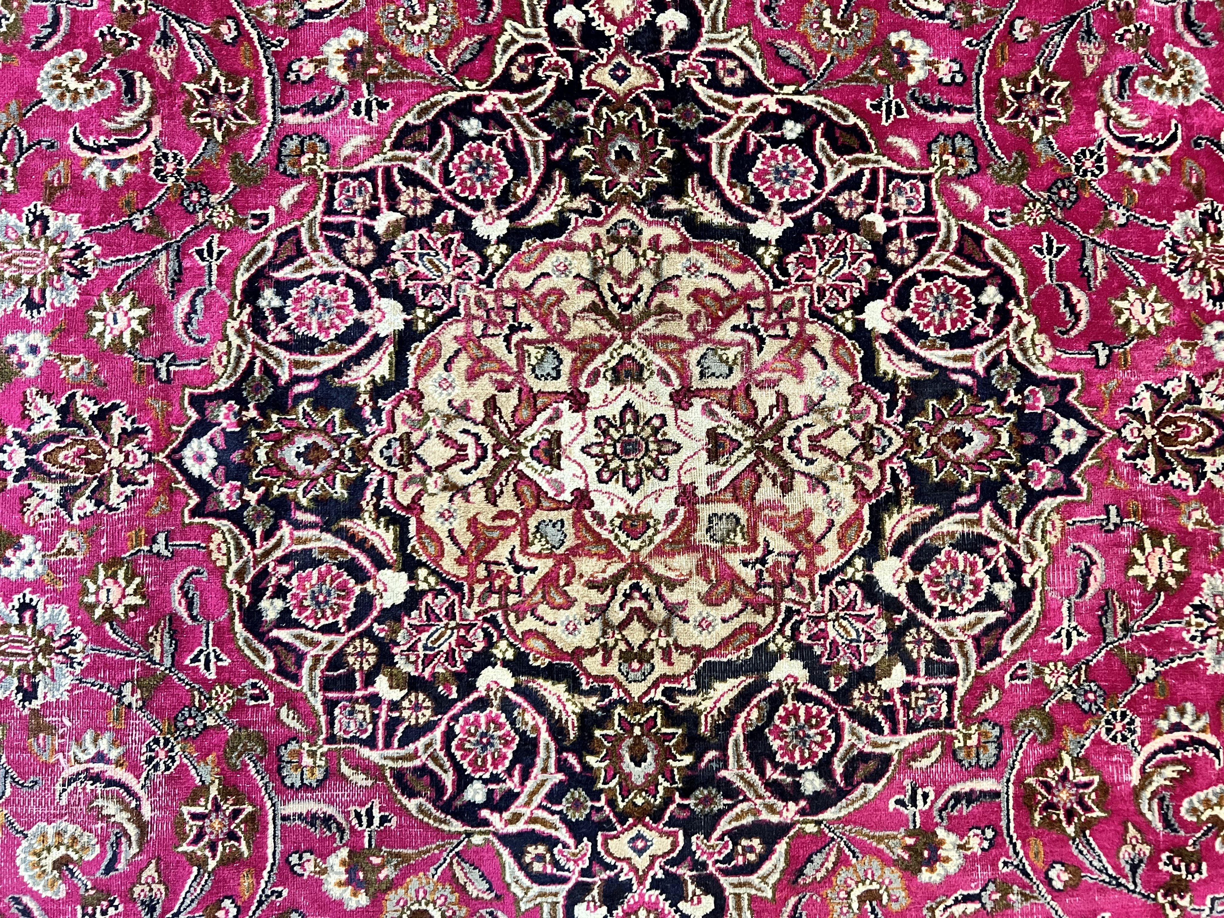 Persian Rug 10x13, Wool Hand Knotted Antique Kashmar Carpet, Raspberry Red & Navy Blue, Floral Medallion, Traditional Oriental Rug 10 x 13