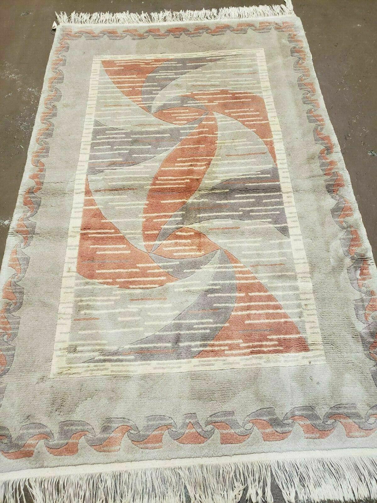 3' X 5' Handmade Modern Chinese Accent Rug - Silk on Cotton Carpet - Abstract Contemporary Design - Beige and Orange