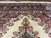 Persian Rug 9x10, Hamadan Rug, Antique Oriental Carpet, Wool Rug, Semi Open Field, Cream and Navy Blue, Kirman Design Hand Knotted Almost Square Rug