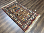 Unique Afghan Silk Rug 4x6, Hunting Pattern Animal Motifs, Light Brown and Cream, Persian Handwritten Poetry, Fine 1940s Oriental Carpet Wow