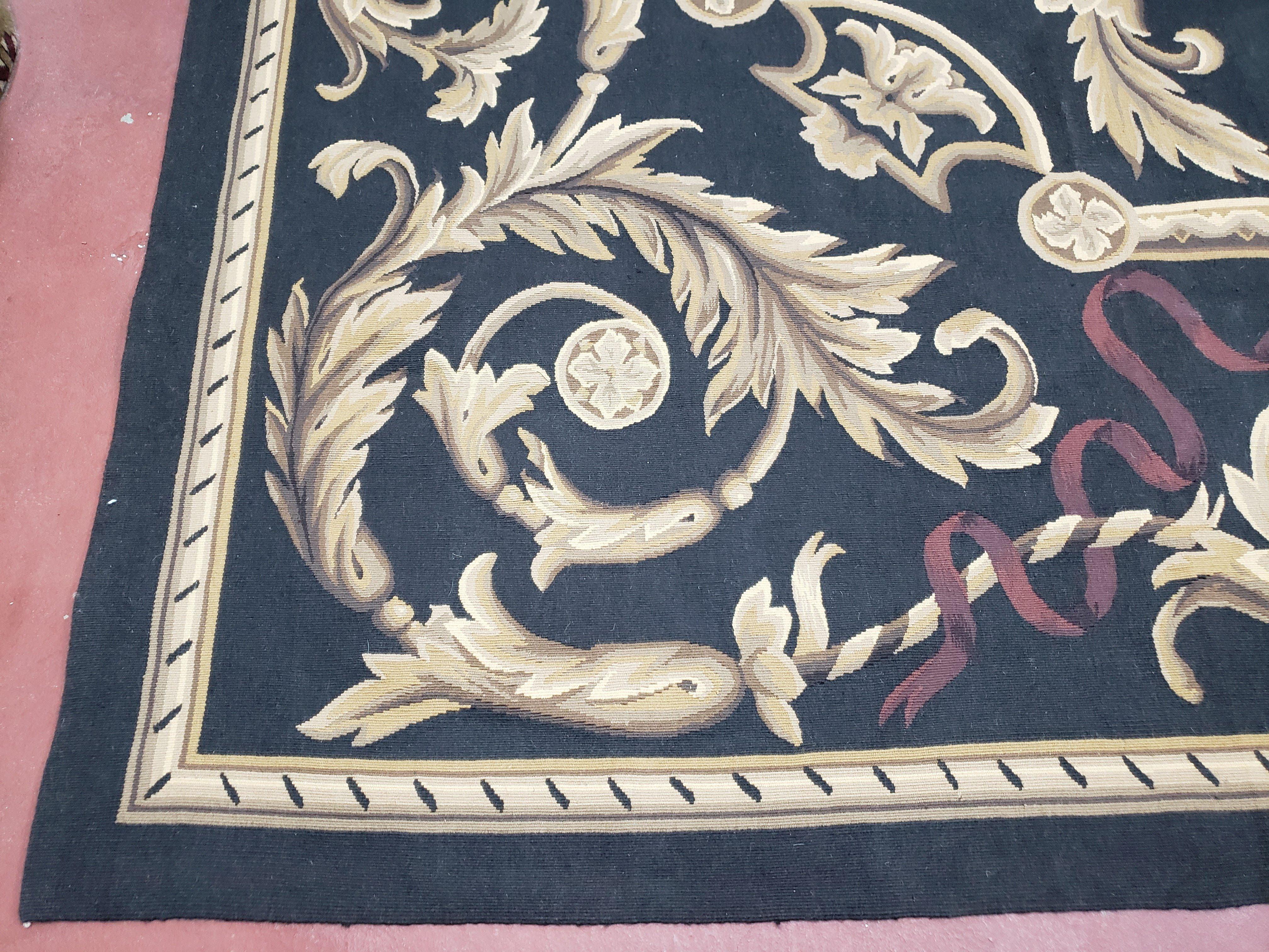 Black and Tan Aubusson Rug, 10 x 14 Aubusson Carpet, New Aubusson Rug, Elegant, Wool, Handmade Area Rug, Flatweave Rug, Large Aubusson Rug