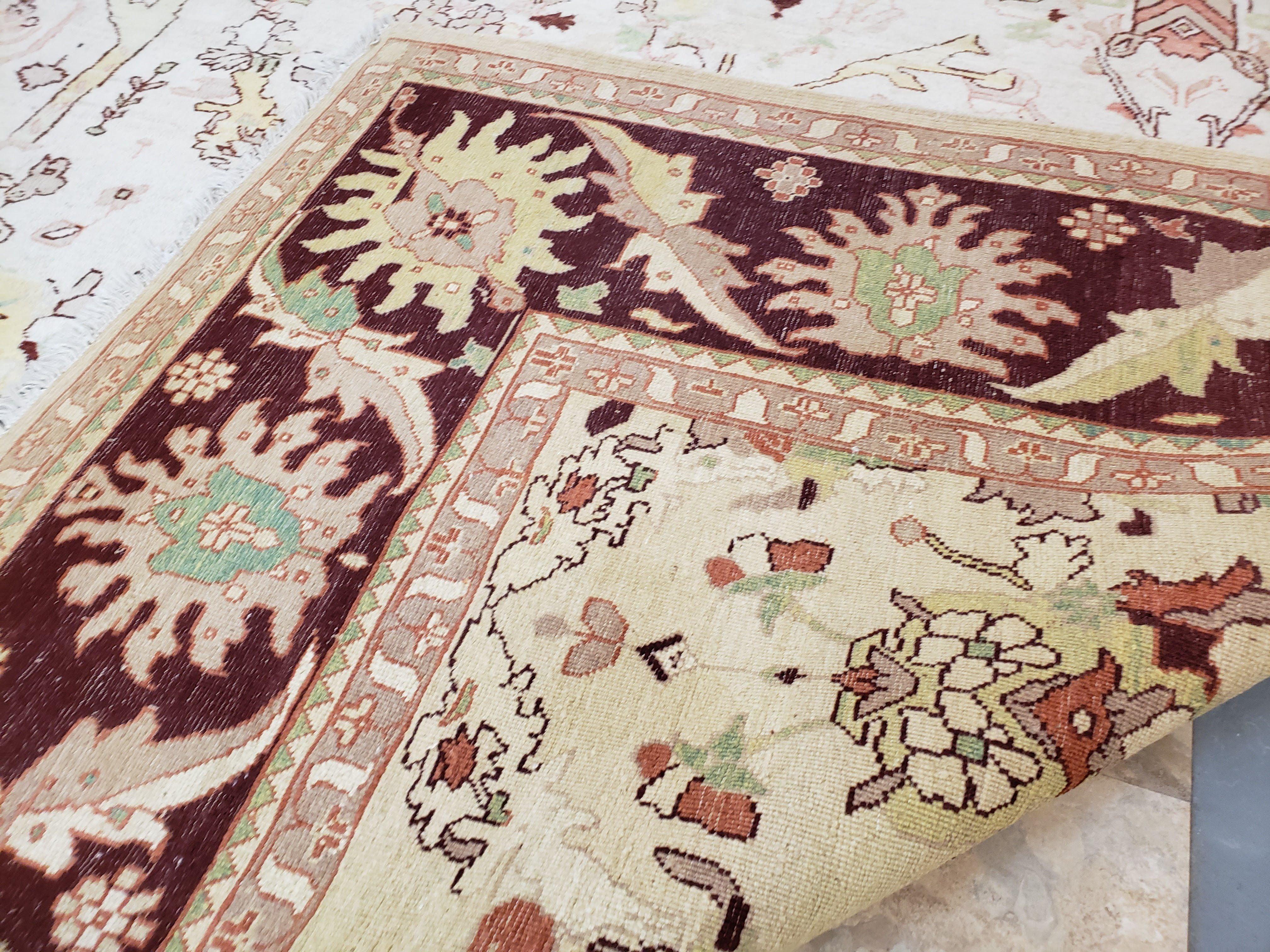 Beige and Maroon Peshawar Rug 10x15, Large Oushak Carpet, Pakistani Rug, Handmade Area Rug, Hand Knotted Rug, Living Room Rug, Nice Wool Rug