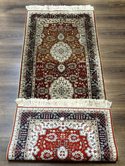 Turkish Silk Narrow Runner Rug 2 x 5.8, Very Fine 340 KPSI, Floral Medallions, Red