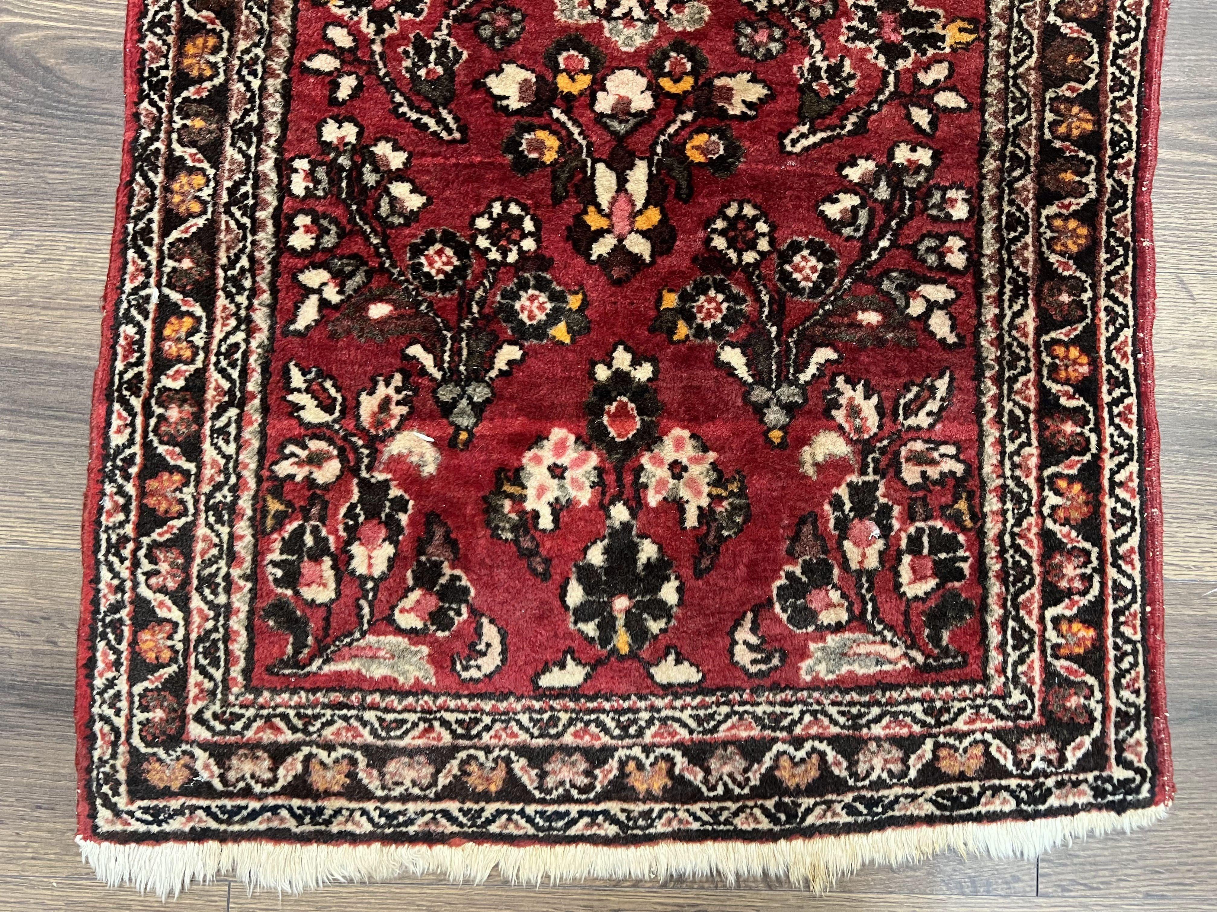 Small Persian Sarouk Rug 2x4 ft, Allover Floral Pattern, Red Black Cream, Hand Knotted Wool Traditional Oriental Carpet, Antique Persian Rug 2 x 4