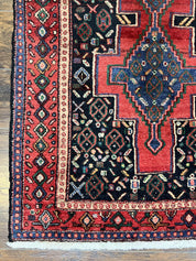 Persian Kurdish Senneh Runner Rug 3x9, Red Navy Blue, Medallions Wool Tribal Runner for Kitchen/Hallway 9ft Antique Handmade Oriental Runner