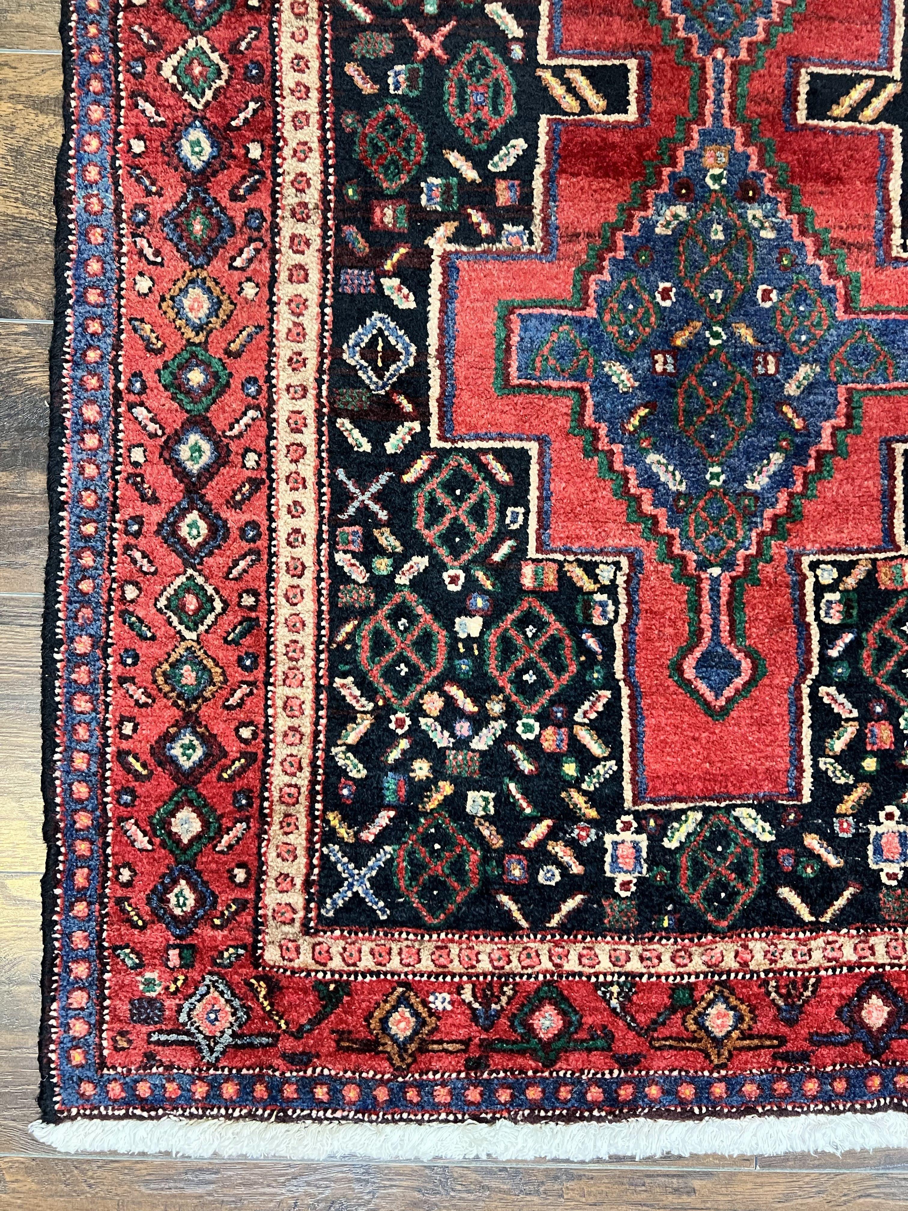 Persian Kurdish Senneh Runner Rug 3x9, Red Navy Blue, Medallions Wool Tribal Runner for Kitchen/Hallway 9ft Antique Handmade Oriental Runner