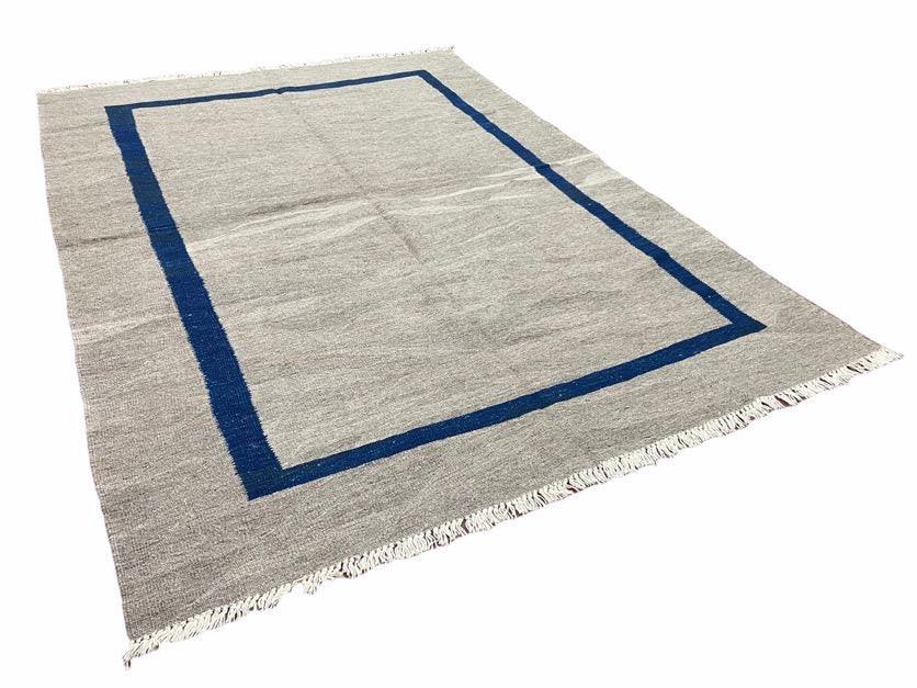 Geometric Turkish Kilim Rug 5' 7" x 7' 9", Flatweave Carpet, Minimal Design, Anatolian Carpet, Gray, Geometric, Dark Blue, Hand-Knotted, New