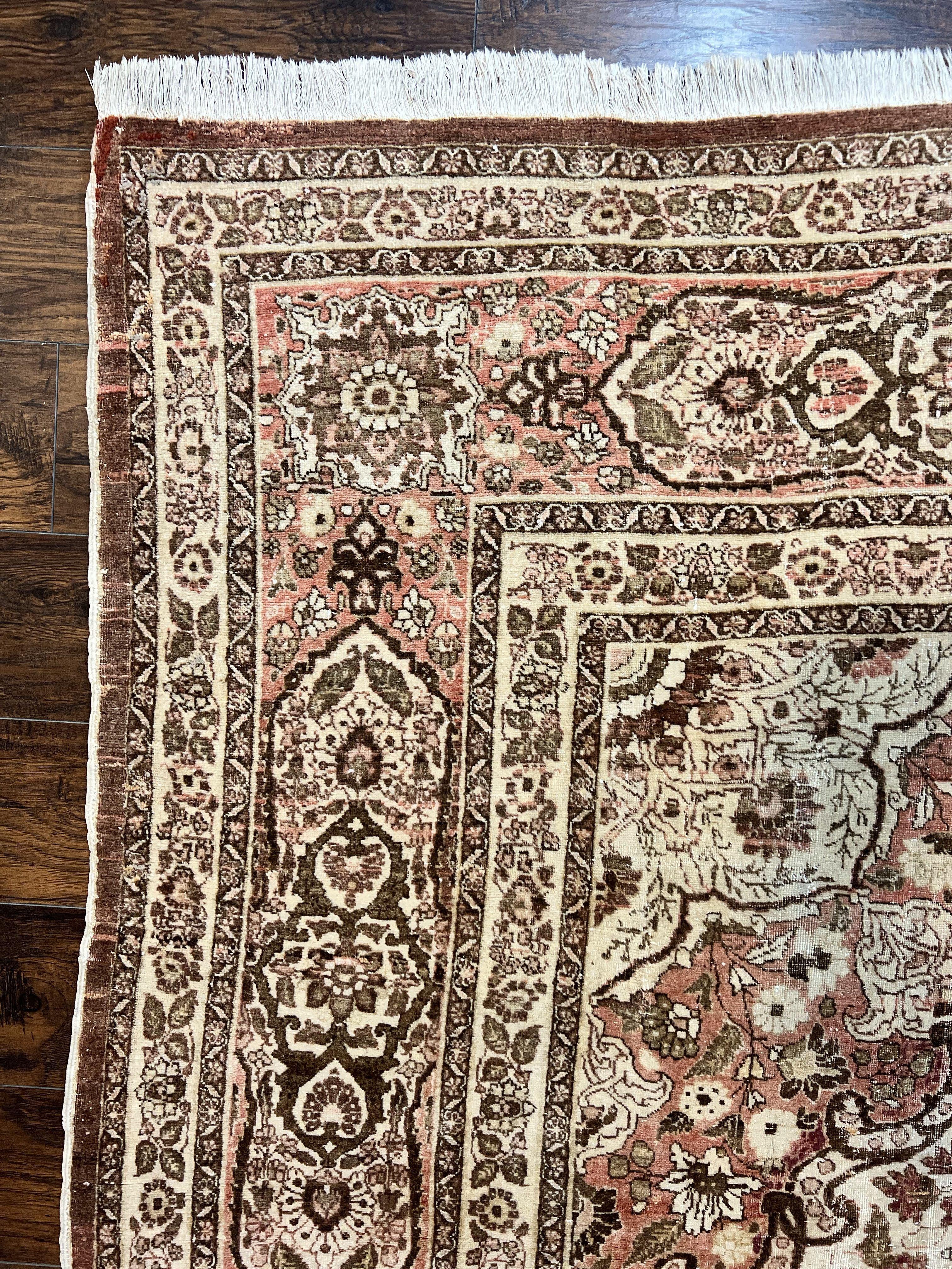 Antique Persian Tabriz Rug 10x12, Wool Hand Knotted Oriental Carpet, Beige Light Red, Floral Medallion