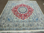 Square Persian Nain Rug 6'3" x 6' 8", Hand-Knotted, Wool with Silk Accents, Ivory Red Blue