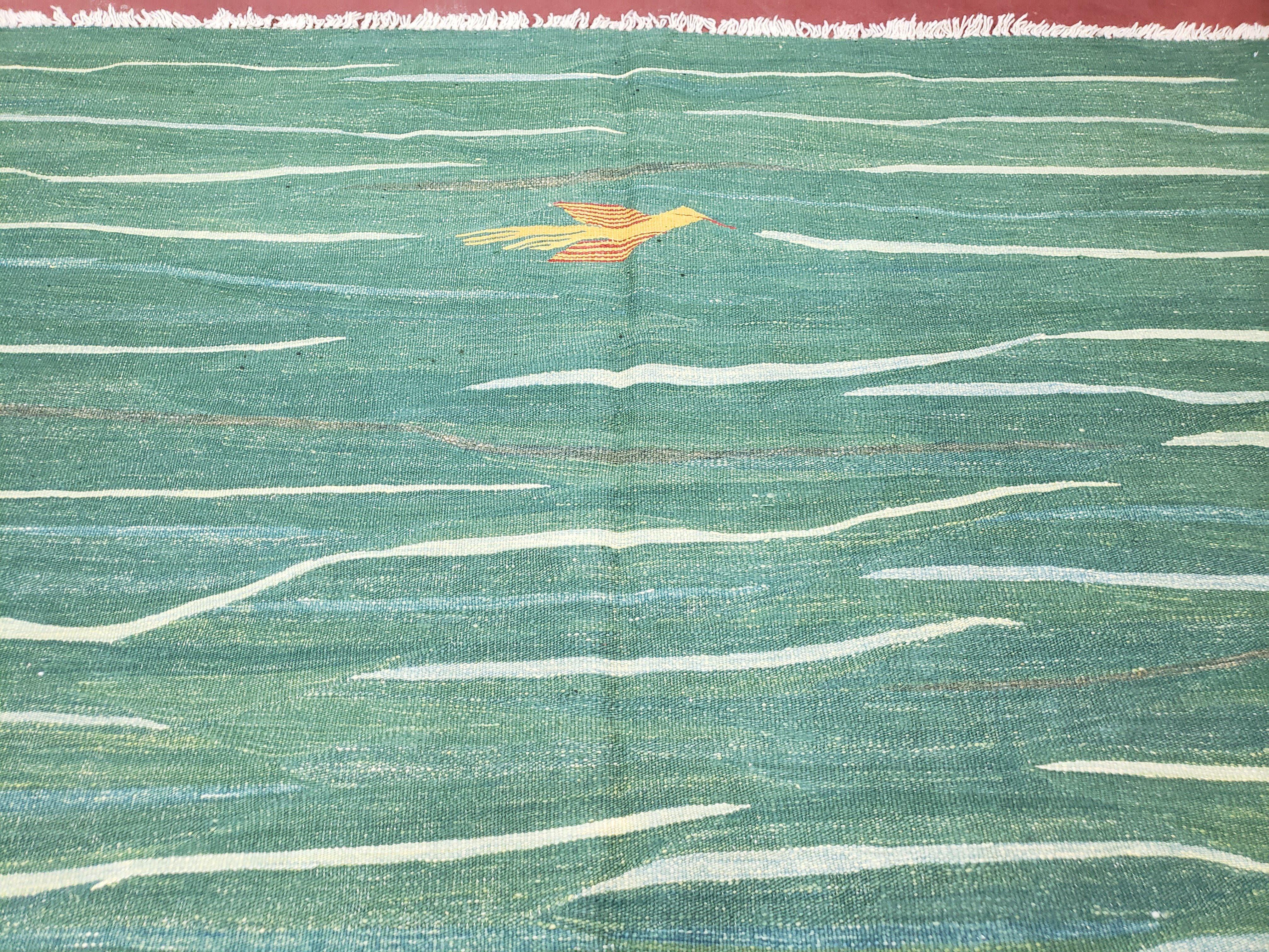 Green Turkish Kilim Rug, 6x9 - 7x10 Rugs, Bird, Handmade New Area Rug, Wool, Bohemian Boho Decor, Hand Woven, Modern Abstract Flat Weave Rug