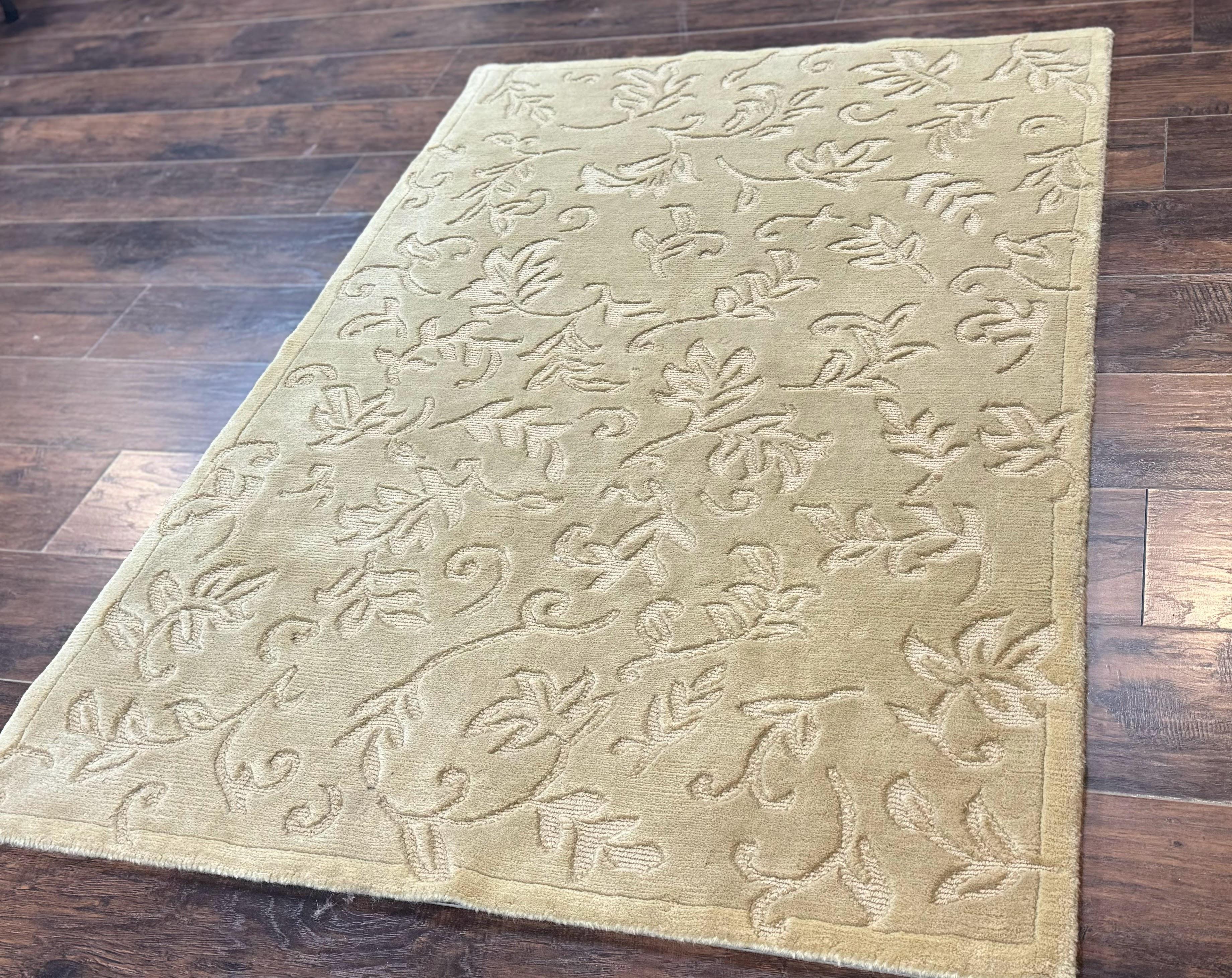 Modern Tibetan Rug 3.7 x 5.5, Carved Floral Design, Wool and Silk Highlights