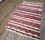 Antique Turkoman Yamud Rug 3x5 ft, 1920s Turkmen Sofreh Table Cover, Bohemian Rug, Tribal Collectible, Striped Rug, Handmade Ivory and Red