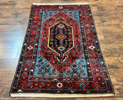 Antique Persian Tribal Rug 4x7, Wool Handmade 1920s Carpet, Red Blue, Persian Hamadan Rug