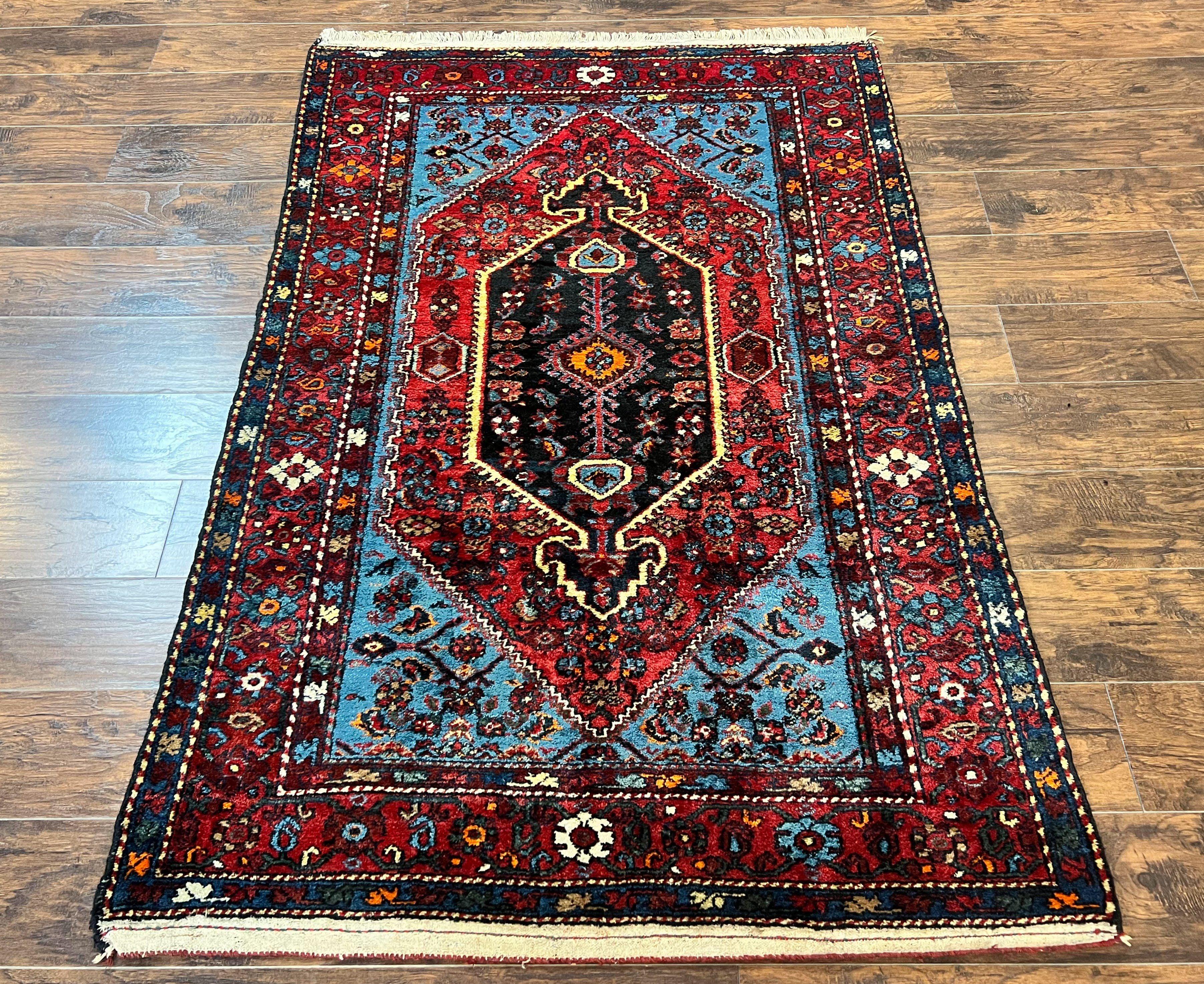 Antique Persian Tribal Rug 4x7, Wool Handmade 1920s Carpet, Red Blue, Persian Hamadan Rug