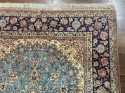 Light Blue Persian Isfahan Rug 5x8, Floral Medallion, Wool on Silk Foundation, Very Fine 530 KPSI, Handmade Carpet