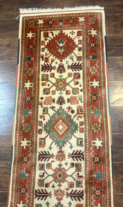 Turkish Runner Rug 2.4 x 8, Kazak Geometric Heriz Pattern, Beige Red