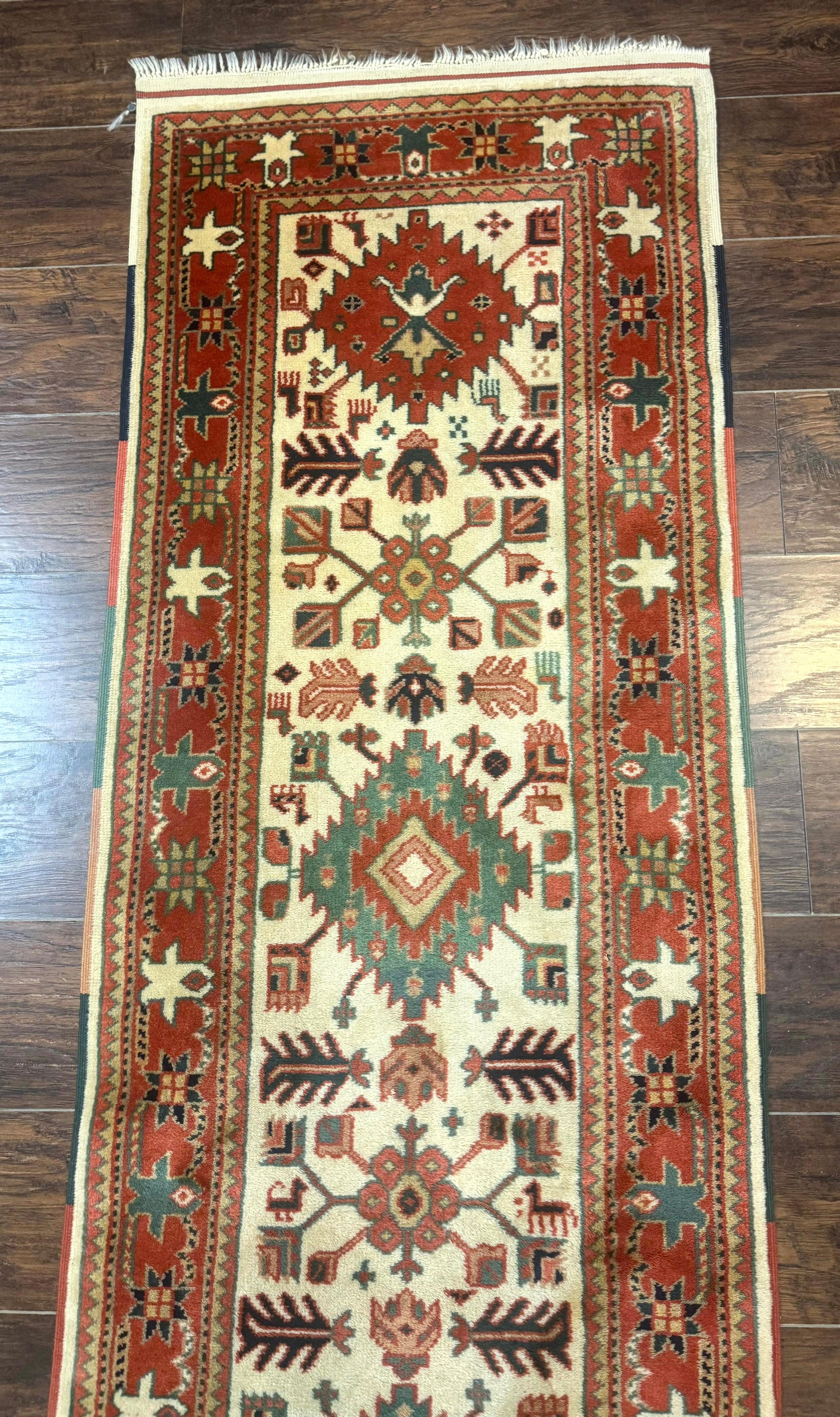 Turkish Runner Rug 2.4 x 8, Kazak Geometric Heriz Pattern, Beige Red