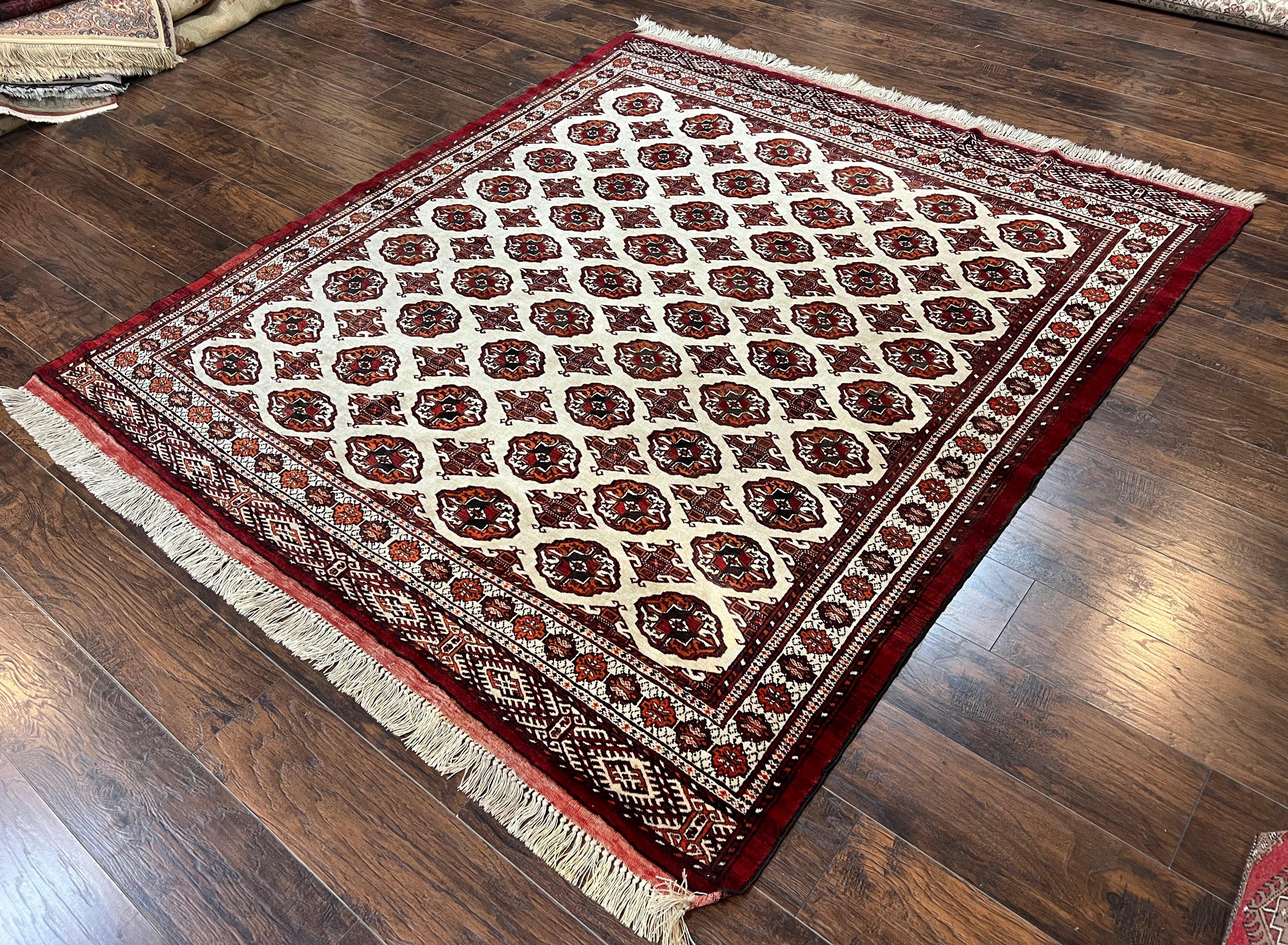 Persian Turkoman Rug 7x8, Almost Square Rare, Hand Knotted, Yamud, Bohemian Rug, Handmade Tribal Rug, Cream Red, Handmade Oriental Carpet