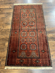 Antique Persian Turkoman Rug 3x6, Wool Tribal Handmade Carpet, Red and Black