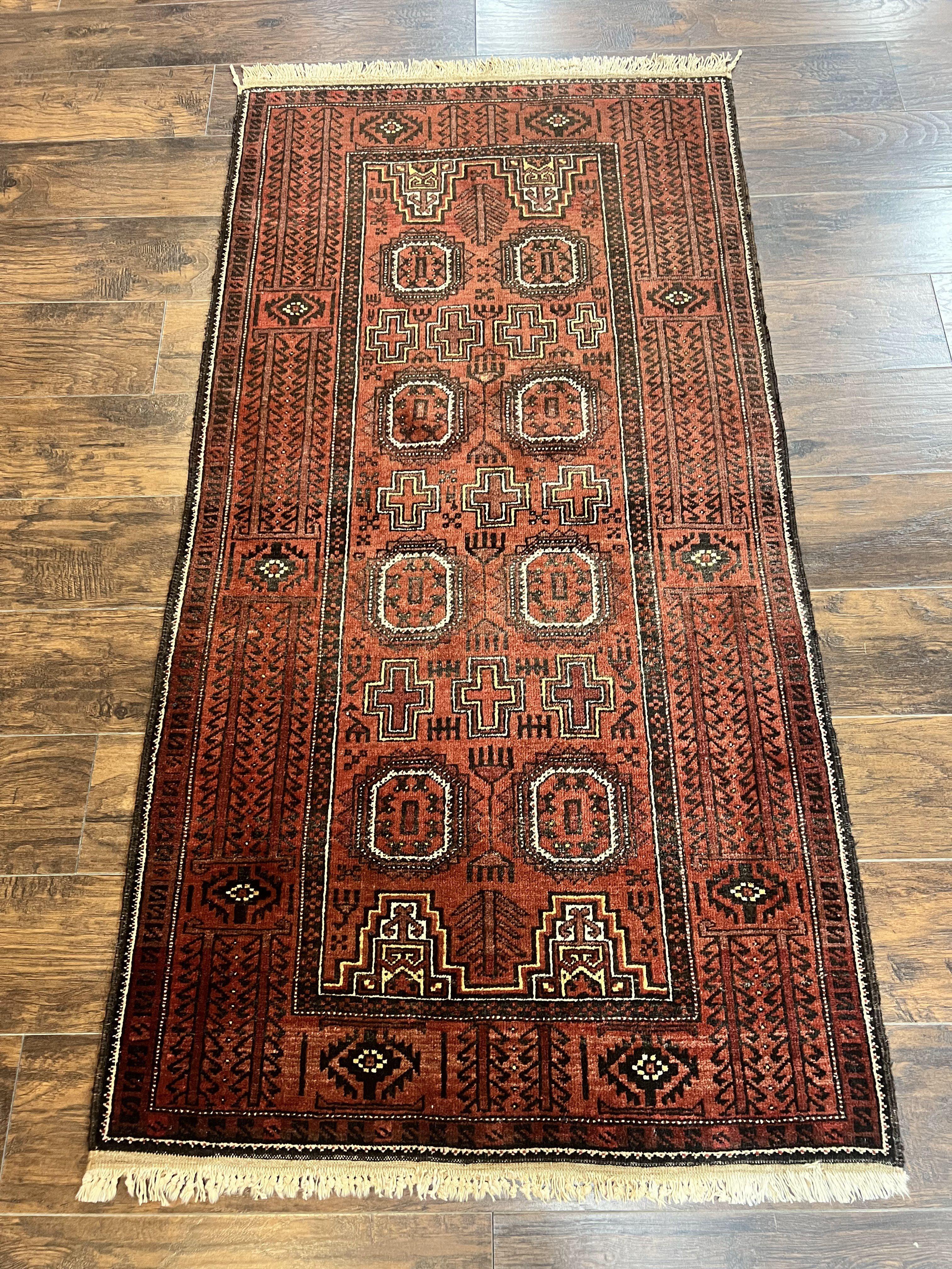 Antique Persian Turkoman Rug 3x6, Wool Tribal Handmade Carpet, Red and Black
