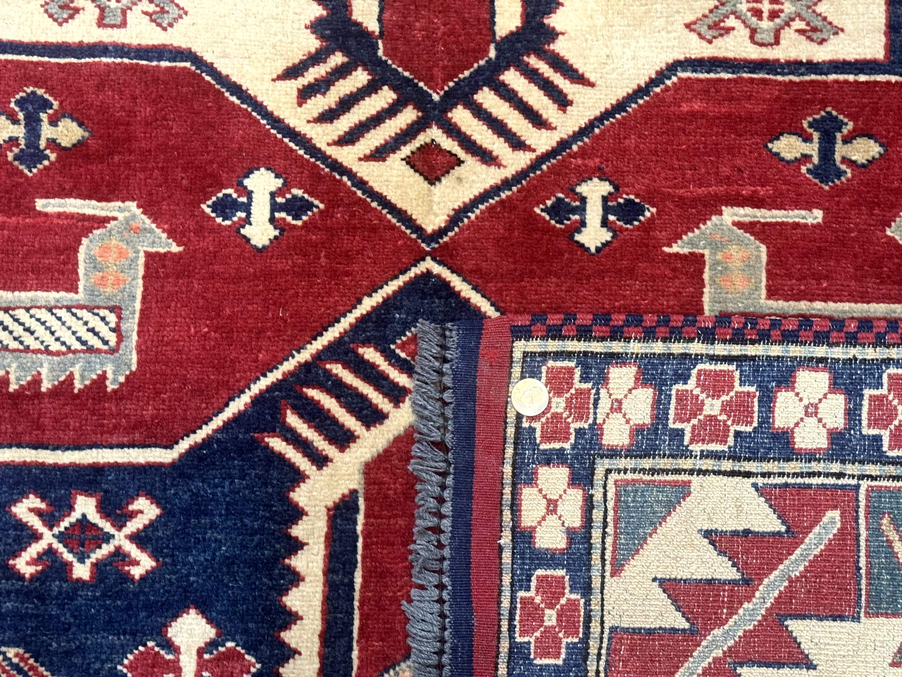 Turkish Kazak Rug 6x8, Caucasian Design, Geometric Medallions, Red Blue Beige