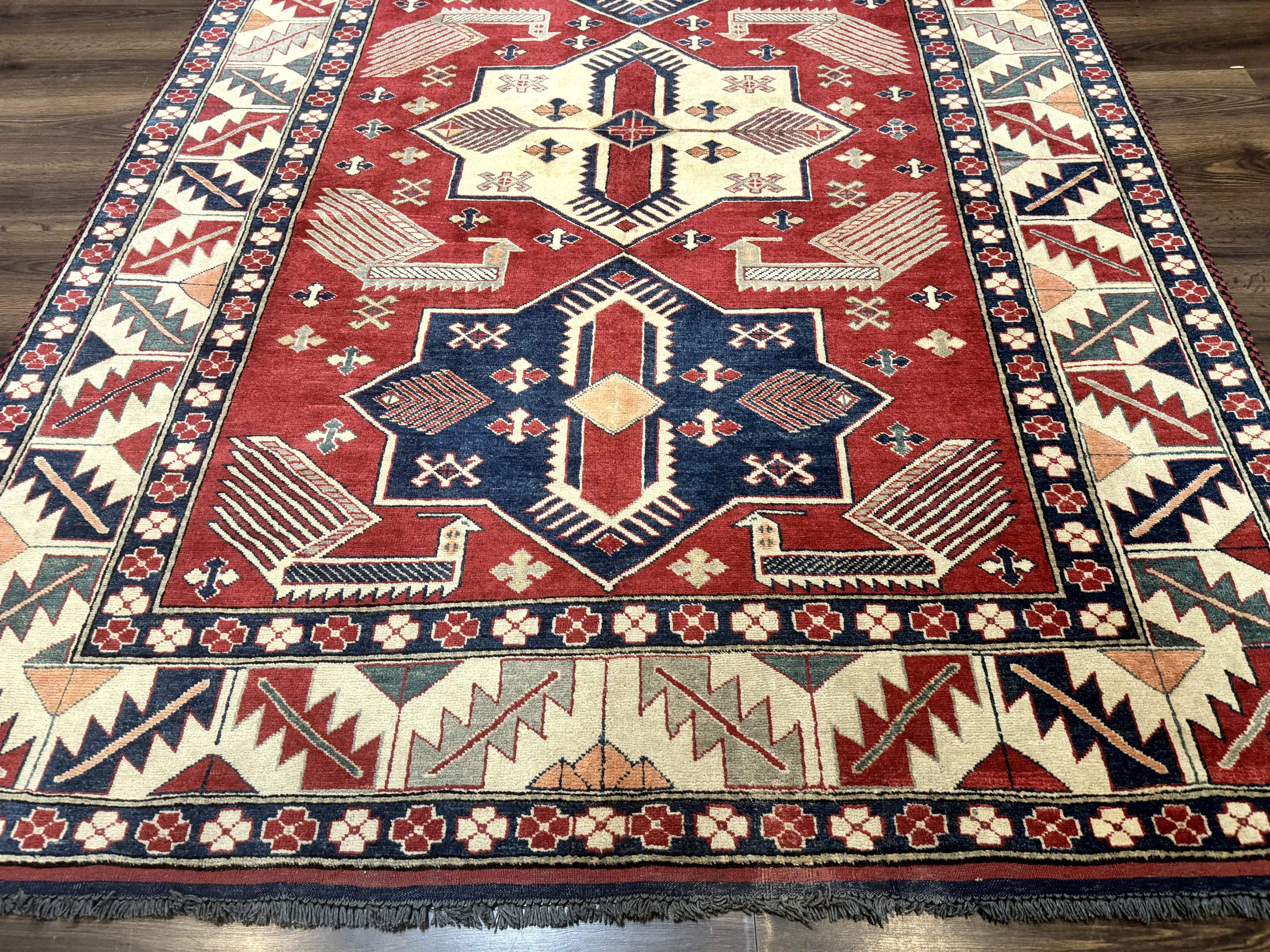 Turkish Kazak Rug 6x8, Caucasian Design, Geometric Medallions, Red Blue Beige