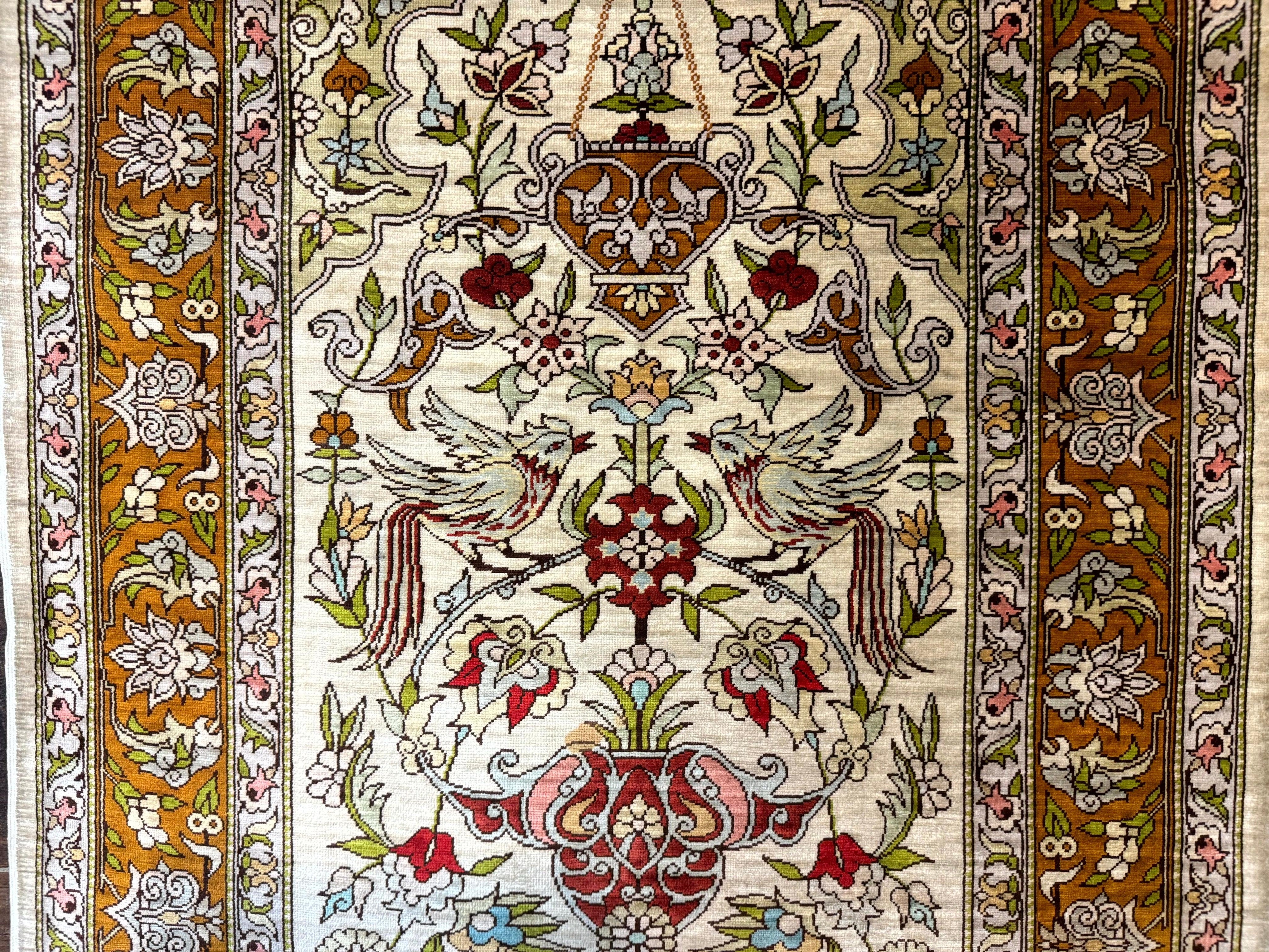 Silk Turkish Hereke Rug 2x3, Birds Lantern Very Fine 400 KPSI, Signed by Masterweaver, Wonderful, Rare, Small Hereke Rug