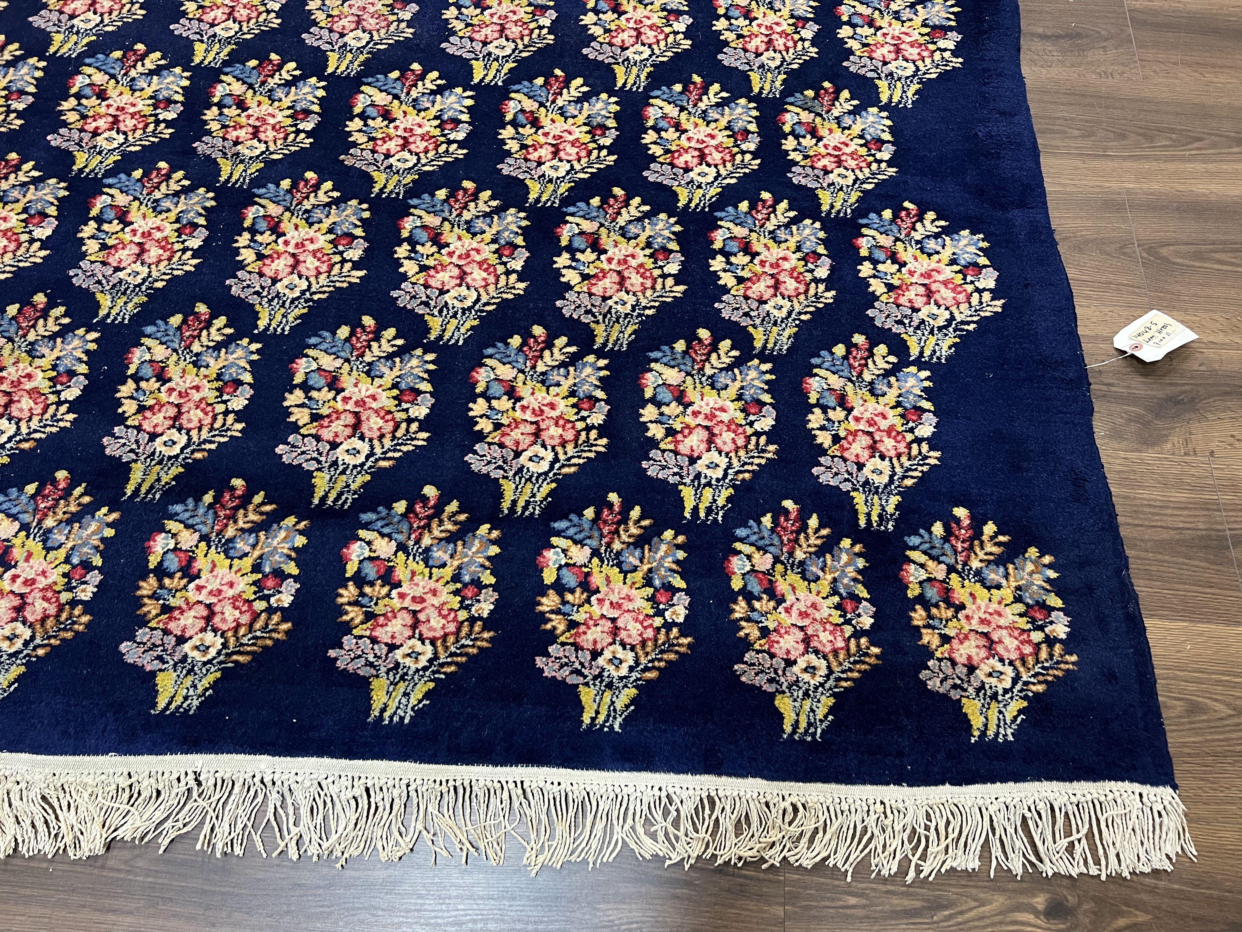 Persian Rug 9x12, Authentic Hand Knotted Carpet, Repeated Floral Motif Garden of Eden, Navy Blue Wool Rug 9 x 12, Semi Antique Kirman Rug
