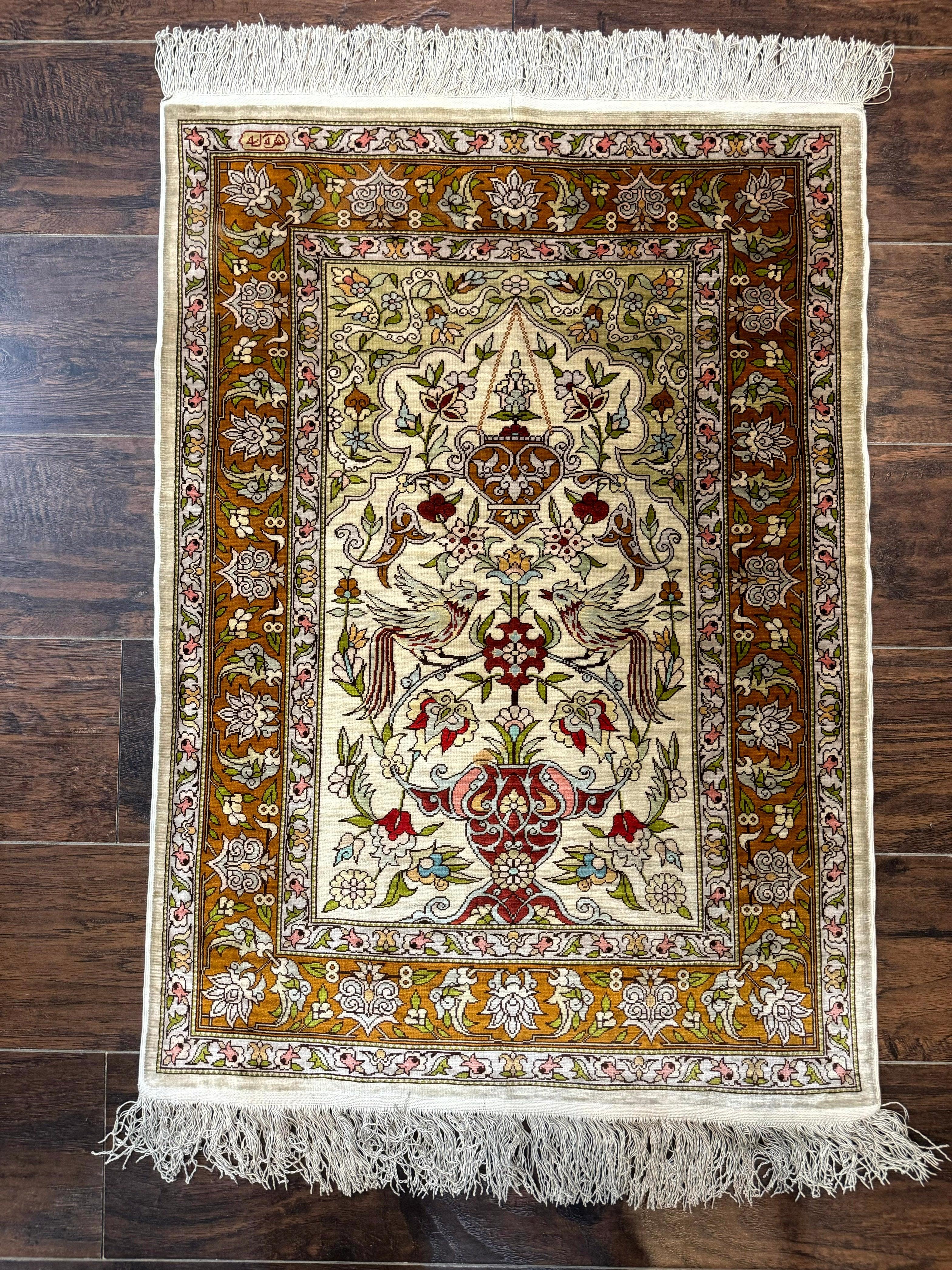 Silk Turkish Hereke Rug 2x3, Birds Lantern Very Fine 400 KPSI, Signed by Masterweaver, Wonderful, Rare, Small Hereke Rug