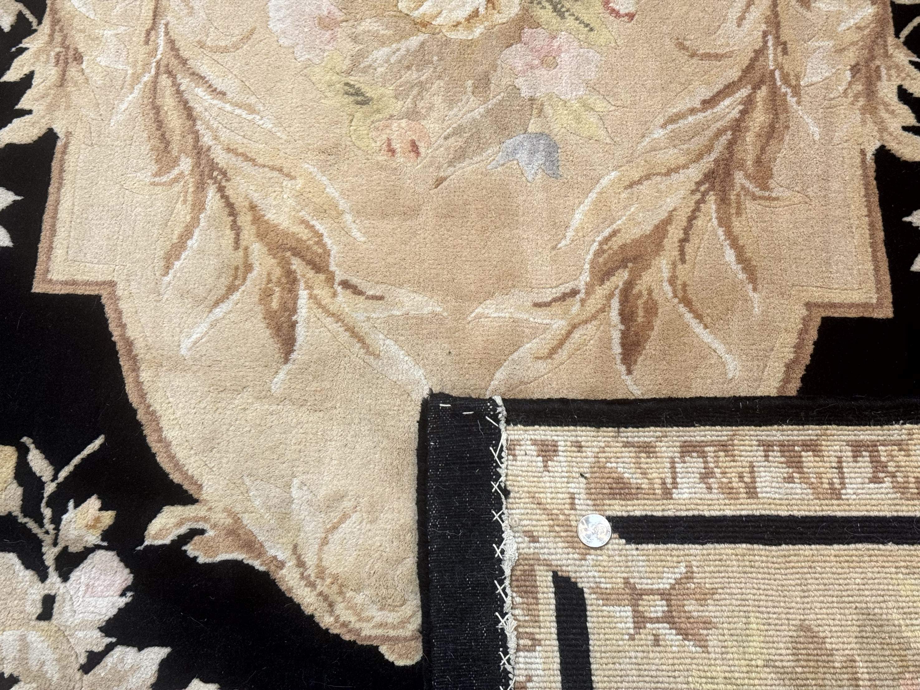Chinese Aubusson Rug 6x9, Wool Pile, Black, Floral, Elegant