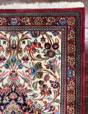 Wonderful Persian Qum Runner Rug 2.8 x 10 ft, Floral Medallions with Bird Motifs, Hand Knotted Wool Fine Oriental 10ft Hallway Runner, Cream Red