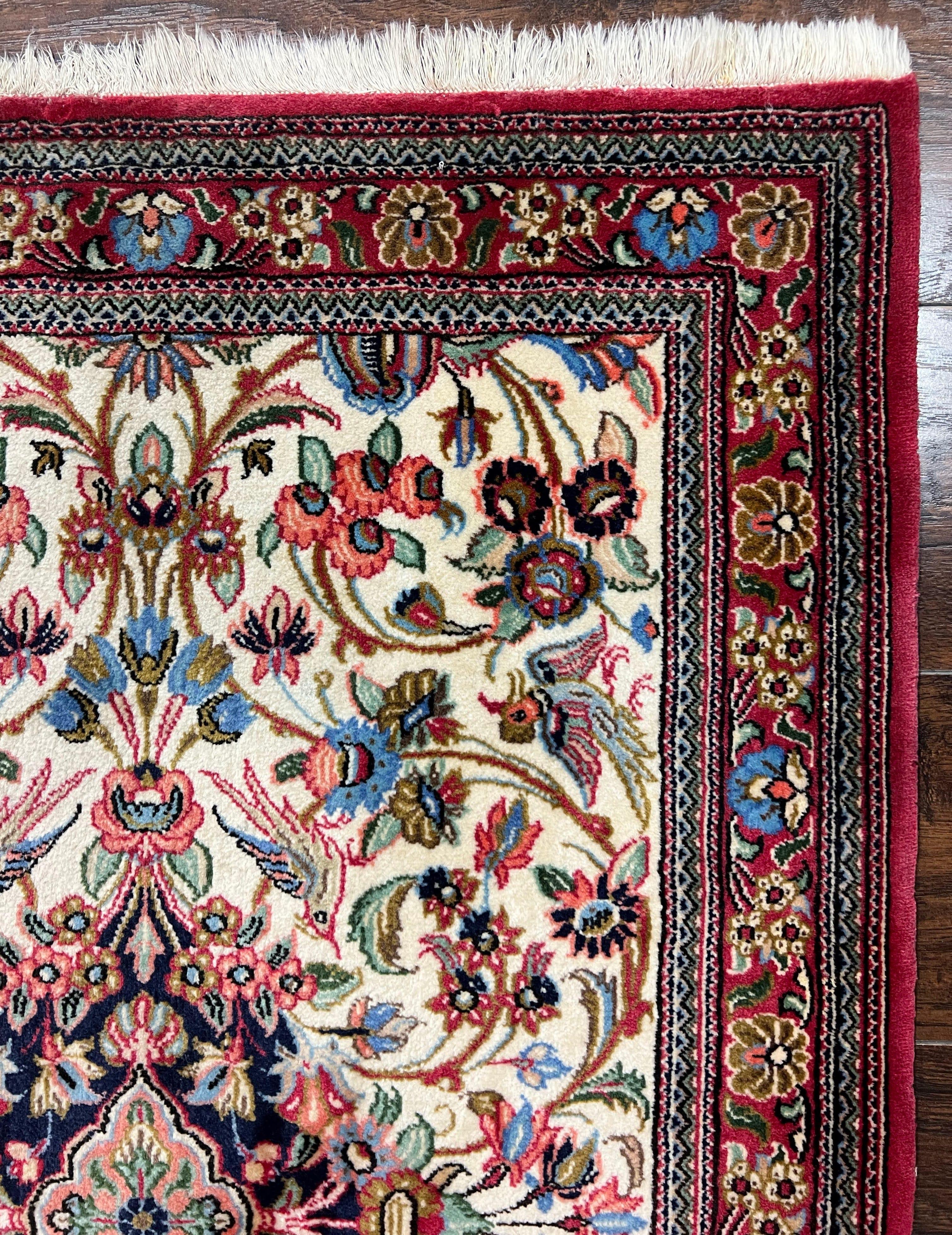 Wonderful Persian Qum Runner Rug 2.8 x 10 ft, Floral Medallions with Bird Motifs, Hand Knotted Wool Fine Oriental 10ft Hallway Runner, Cream Red