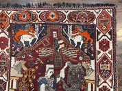Antique Persian Shiraz Pictorial Rug 3.6 x 5, Persian Tribal Rug, Handmade, Lions, Highly Unique Collectible Small Persian Carpet, Maroon, Wool
