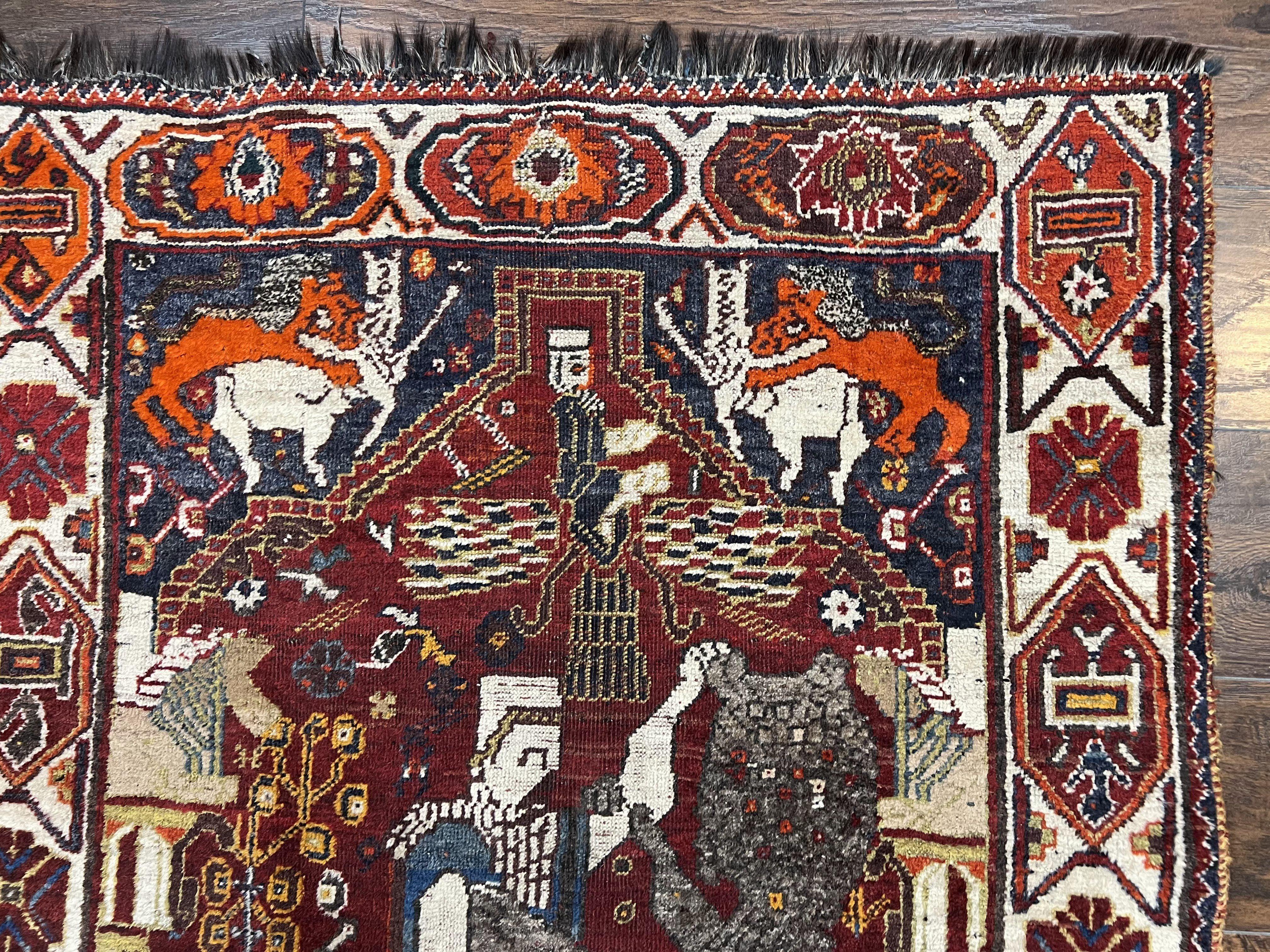 Antique Persian Shiraz Pictorial Rug 3.6 x 5, Persian Tribal Rug, Handmade, Lions, Highly Unique Collectible Small Persian Carpet, Maroon, Wool