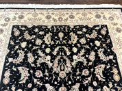 Sino Persian Rug 6x9, Black and Ivory, Wool and Silk Highlights, Handmade