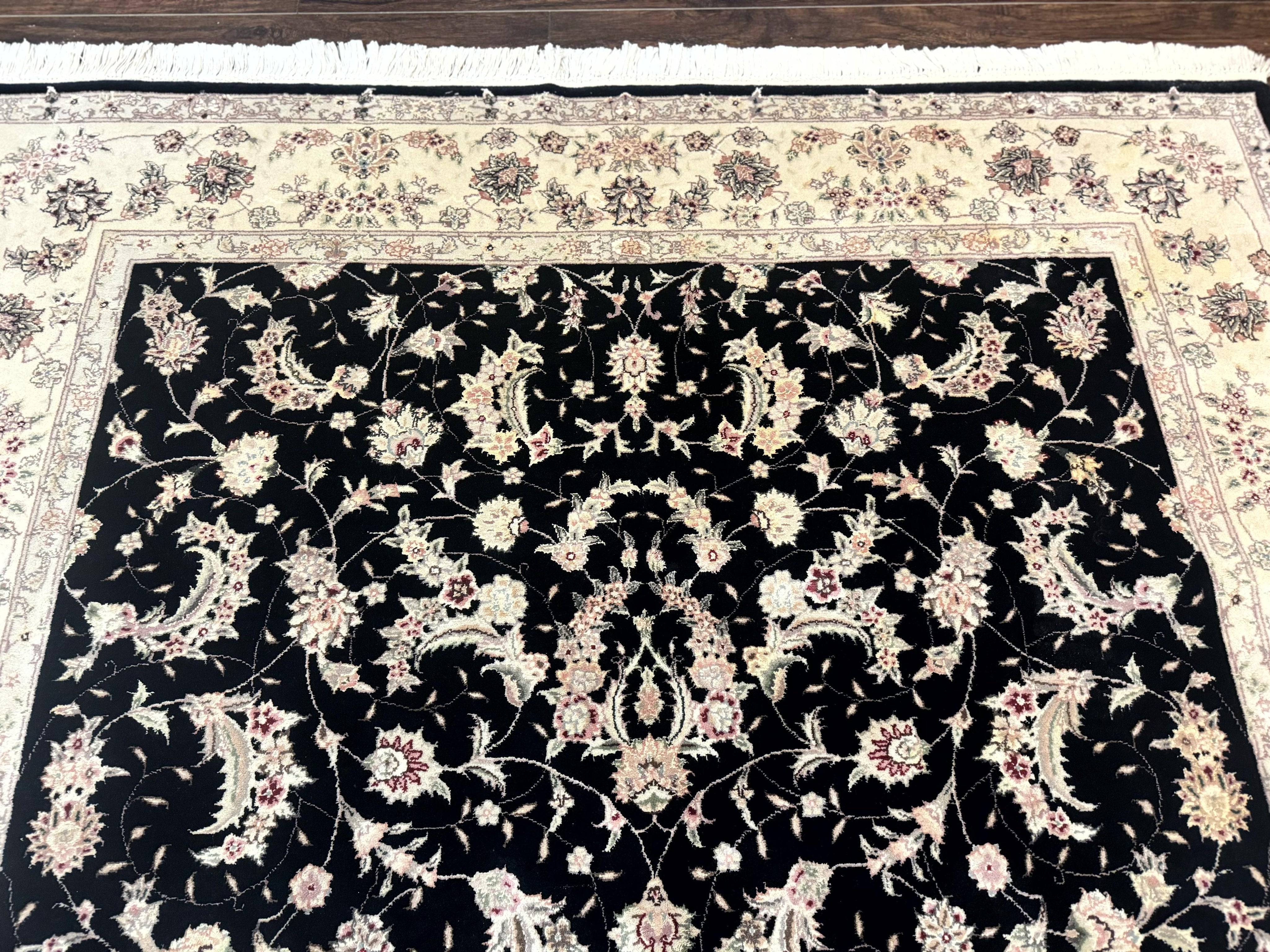 Sino Persian Rug 6x9, Black and Ivory, Wool and Silk Highlights, Handmade