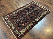 Navy Blue Antique Persian Rug 3x6, Blue and Ivory Persian Carpet, Handmade 1920s Hamadan Rug