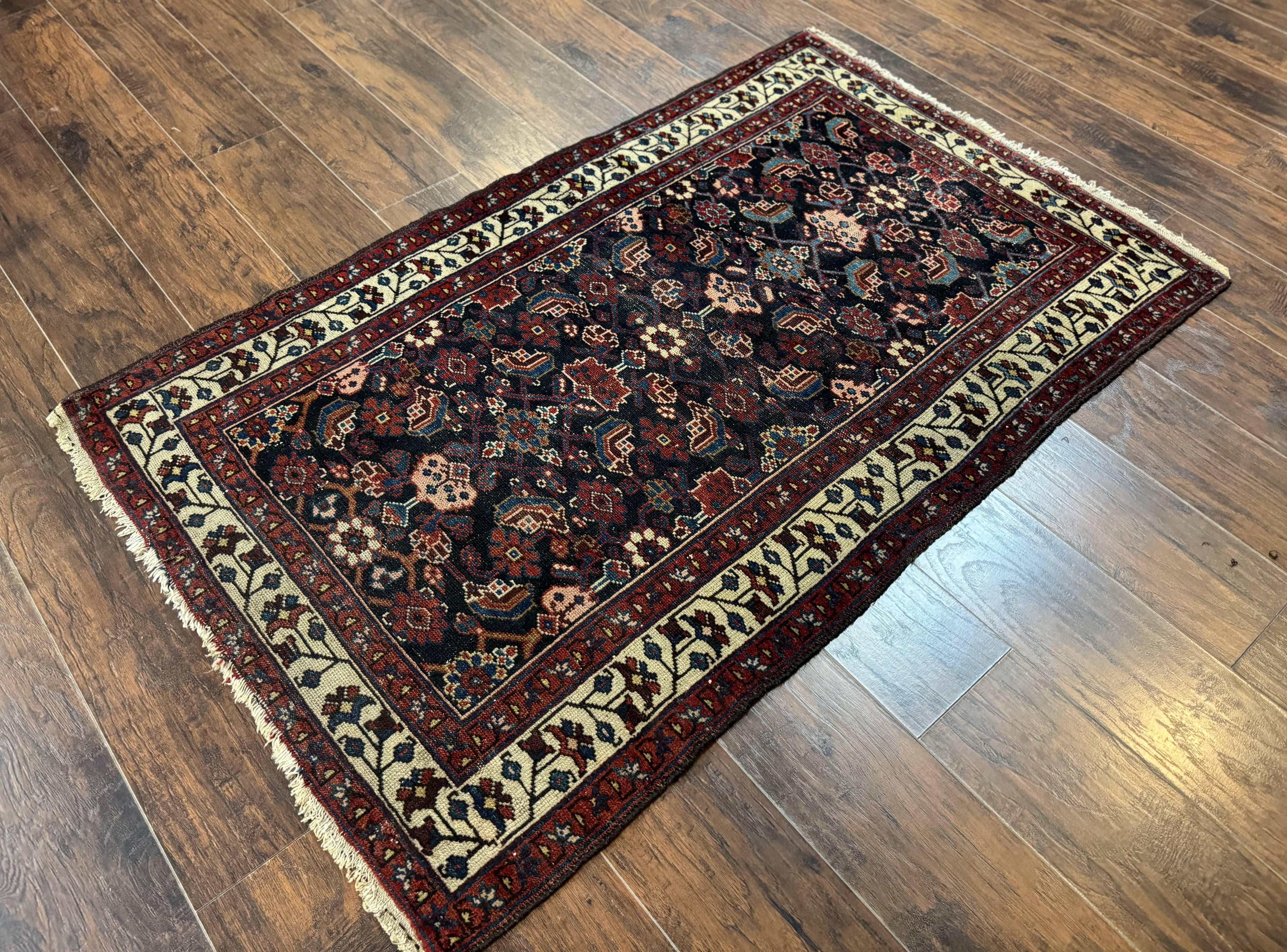 Navy Blue Antique Persian Rug 3x6, Blue and Ivory Persian Carpet, Handmade 1920s Hamadan Rug