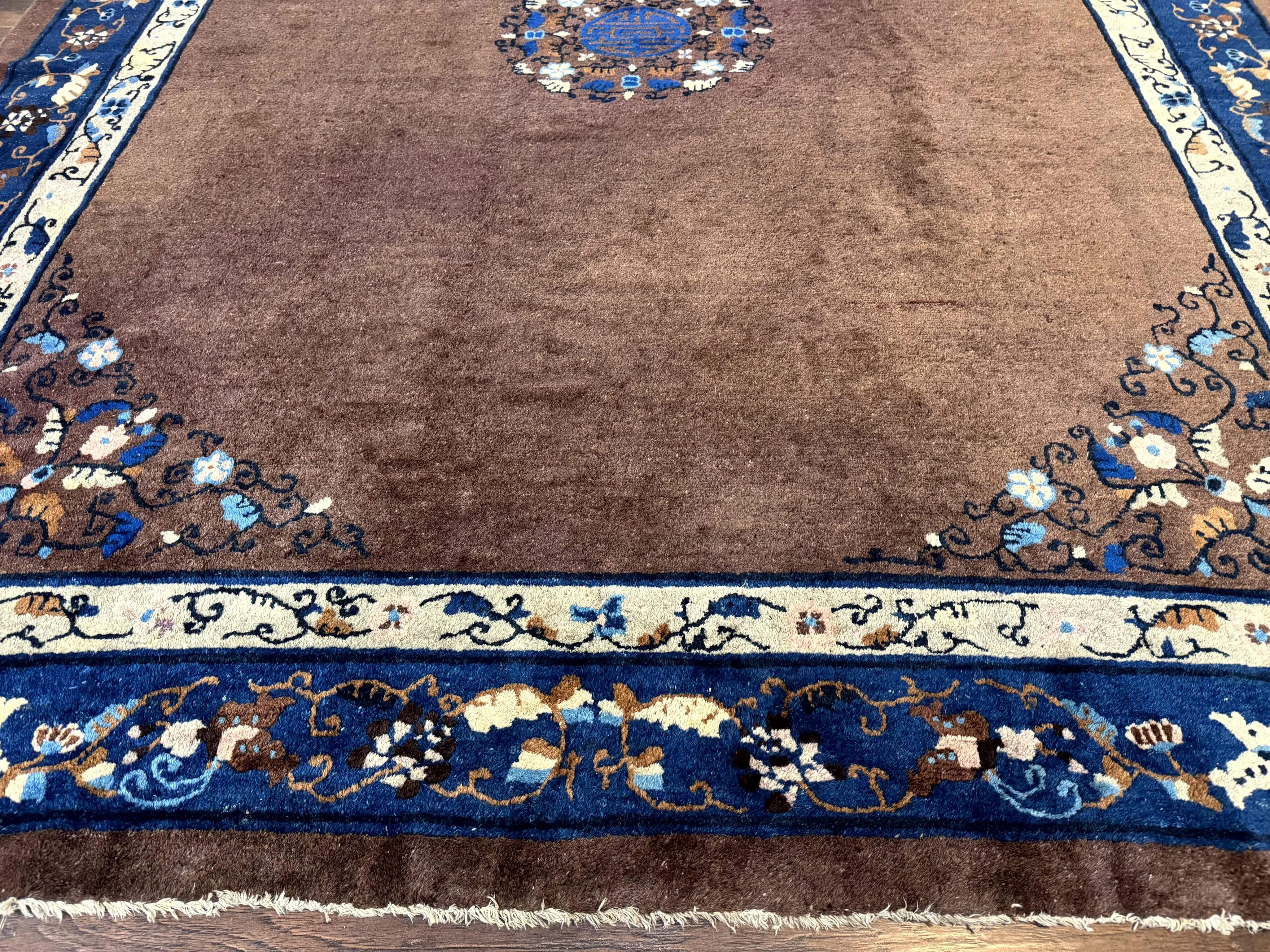 Antique Chinese Wool Rug 9x11, Large Chinese Art Deco Rug, Peking Rug, Brown and Blue, Open Field, Fete Rug