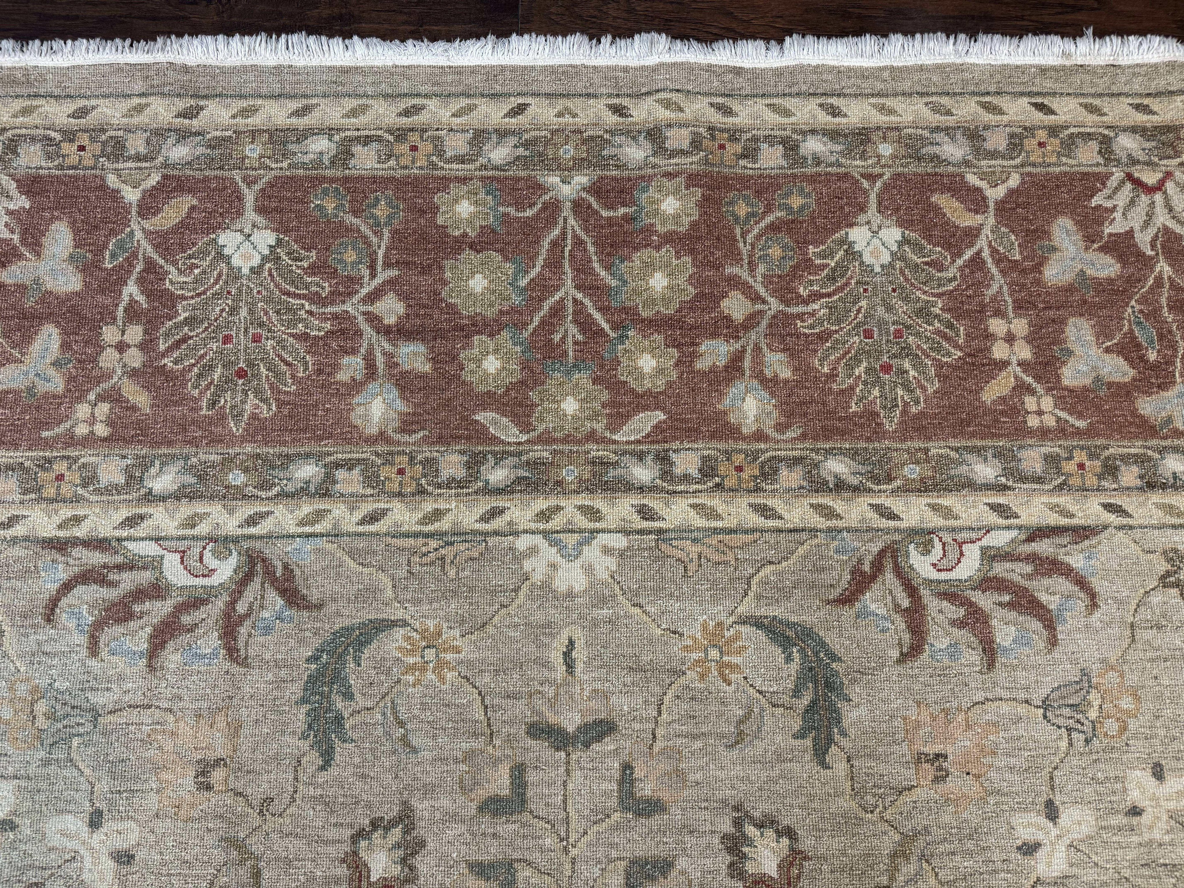 Large Turkish Soumak Rug 10x14, Flatweave Dhurrie, Handmade, Light Green and Salmon