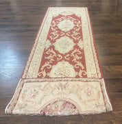 Aubusson Runner Rug 3x10, European Design, Red and Beige, Elegant, Handmade Wool Rug
